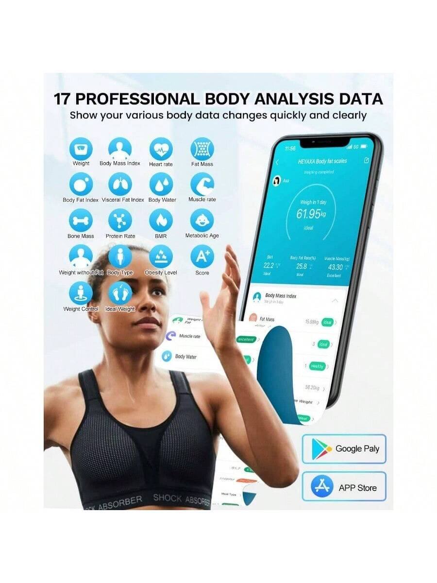 17 PROFESSIONAL BODY ANALYSIS DATA  
Show your various body data changes quickly and clearly  

- Weight  
- Body Mass Index  
- Heart rate  
- Fat Mass  
- Body Fat Index  
- Visceral Fat Index  
- Body Water  
- Muscle rate  
- Bone Mass  
- Protein Rate  
- BMR  
- Metabolic Age  
- Weight without Fat  
- Body Type  
- Obesity Level  
- Score  
- Weight Control  
- Ideal Weight  

HEYAXA Body fat scales  
Weight in 1 day: 61.95 kg  
Ideal  

Body Mass Index: 22.2  
Fat Mass: 15.98 kg  

Google Play  
APP Store