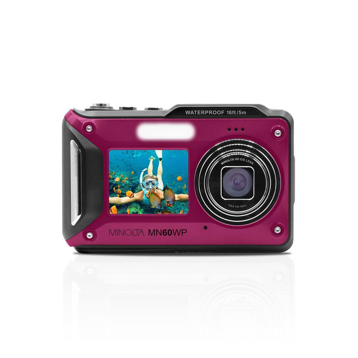 WATERPROOF 16ft/5m  
HD EIS MINOLTA LENS  
FOO 84 15mm  
MINOLTA MN60WP