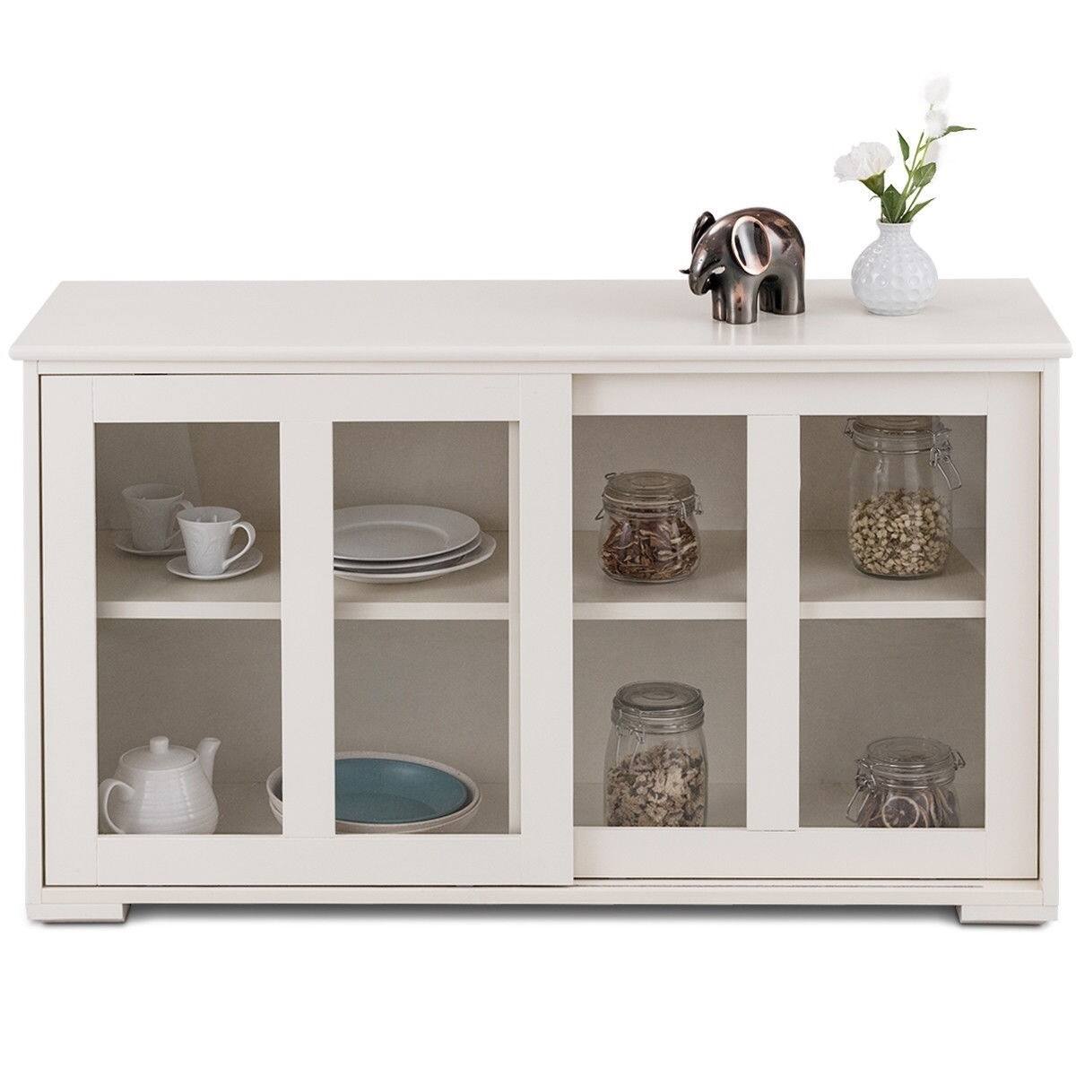 Left. Hivvago - Modern Cream White Wood Buffet Sideboard Cabinet with Glass Sliding Door - White.