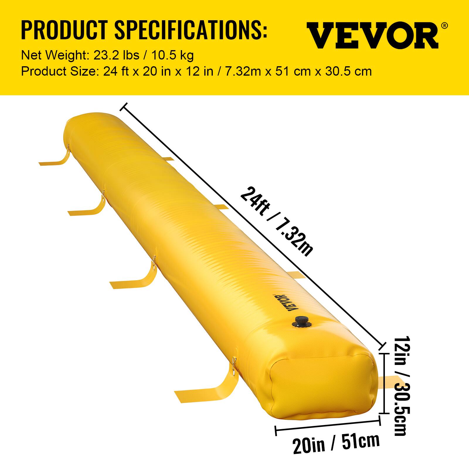PRODUCT SPECIFICATIONS:  
Net Weight: 23.2 lbs / 10.5 kg  
Product Size: 24 ft x 20 in x 12 in / 7.32m x 51 cm x 30.5 cm  

VEVOR
