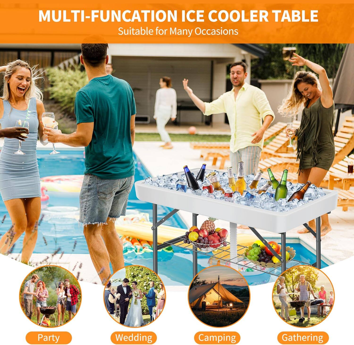 MULTI-FUNCTION ICE COOLER TABLE  
Suitable for Many Occasions  

- Party  
- Wedding  
- Camping  
- Gathering
