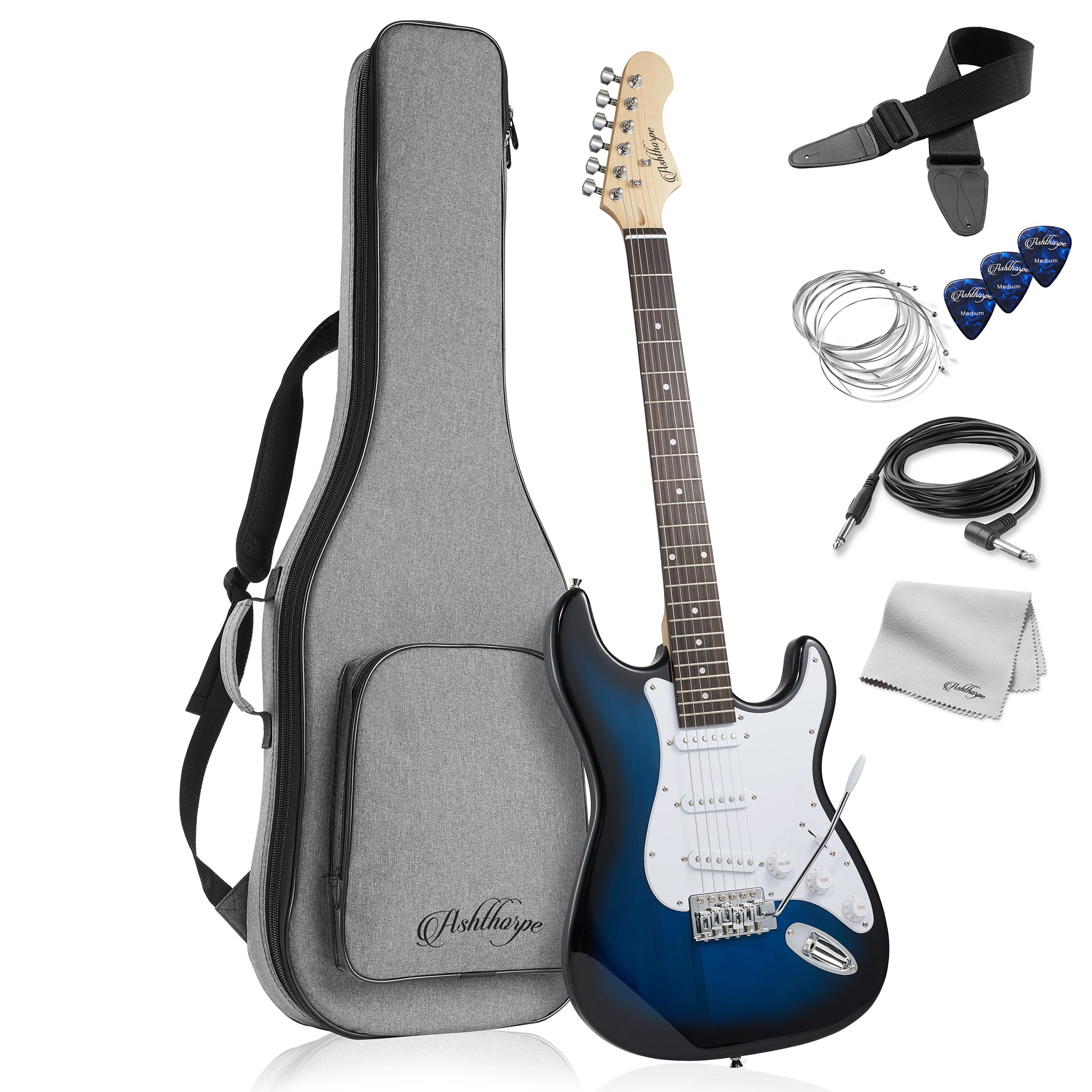 Ashthorpe - 39-in Full-Size Electric Guitar Beginner Kit with Gig Bag - Blue-White