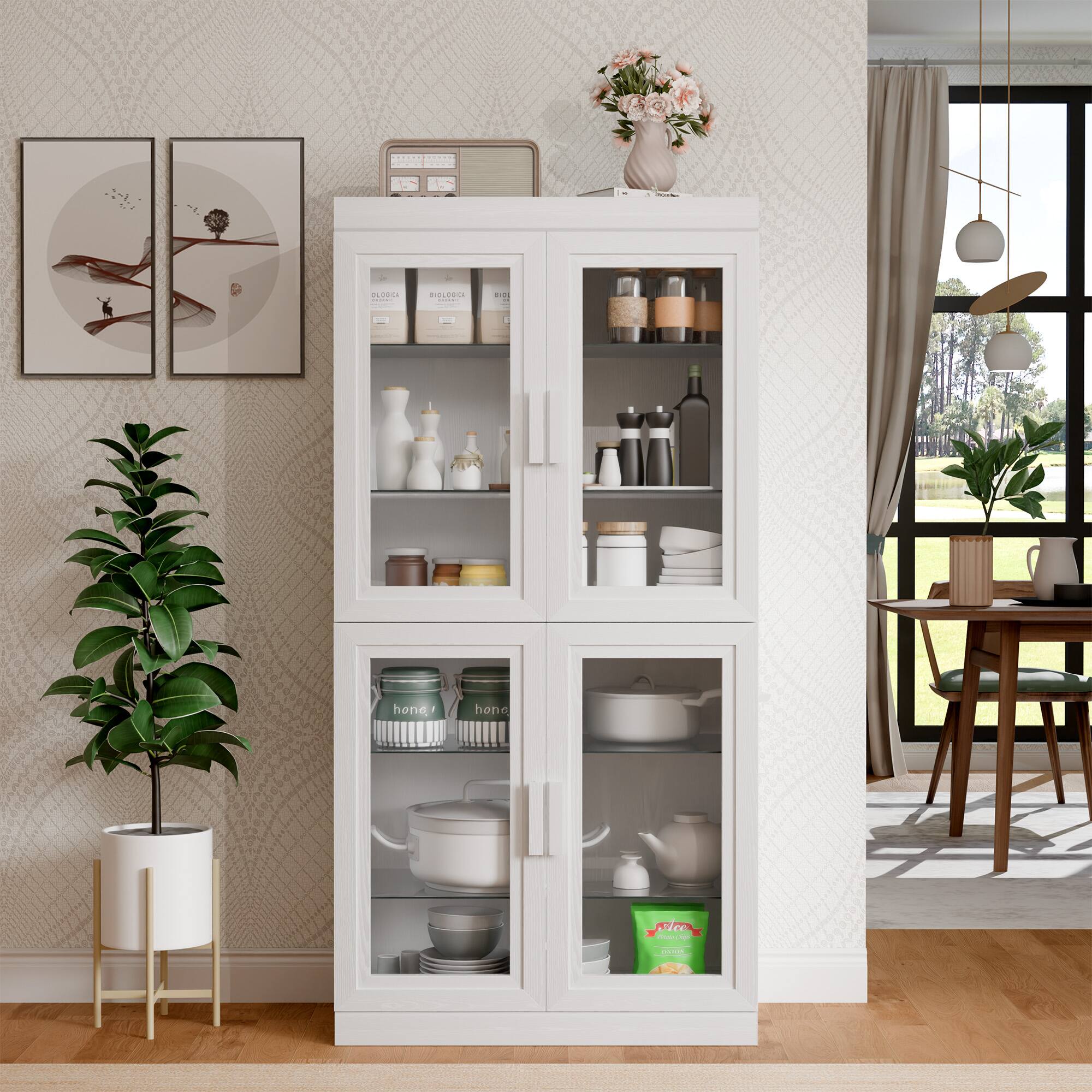 PexFix - 62" Kitchen Pantry Cabinet, Oak Freestanding Storage Cabinet with Glass Doors and Adjustable Shelves for Dining Room - White