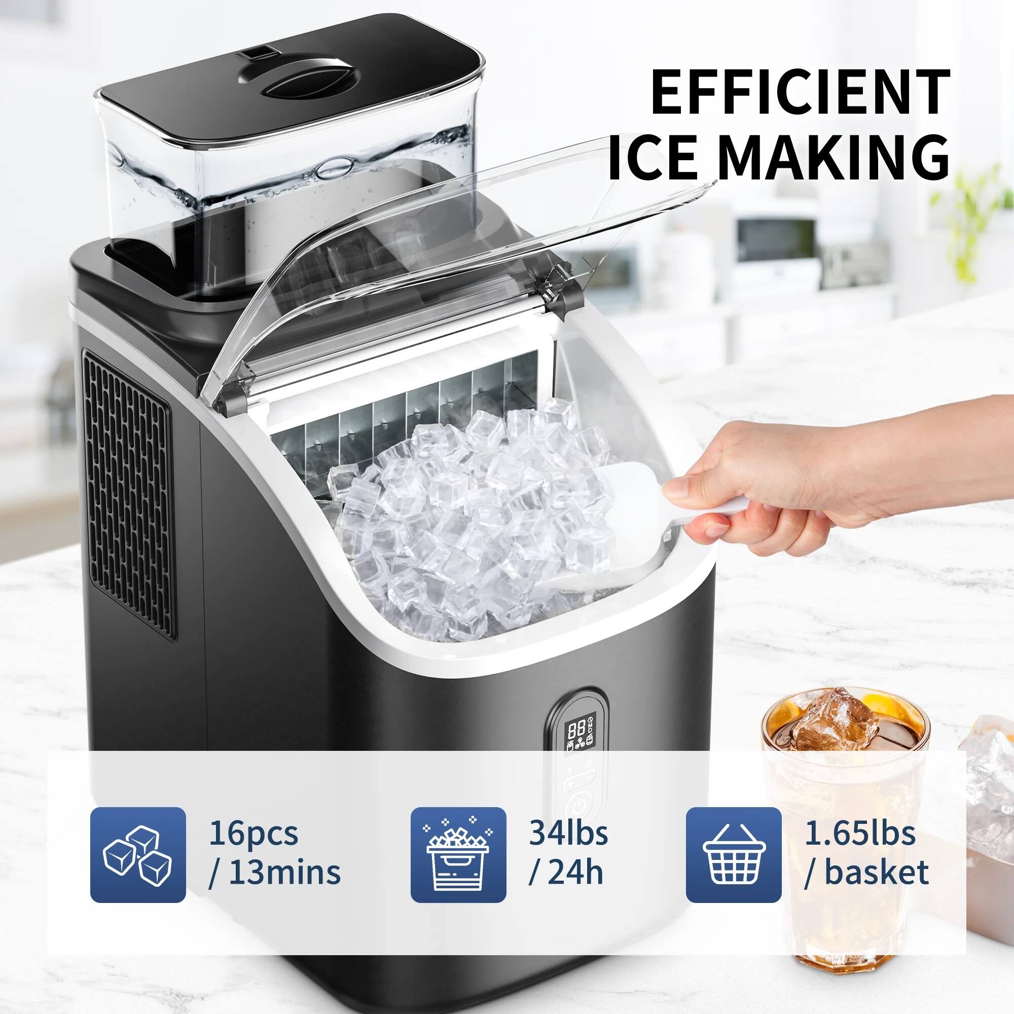 EFFICIENT ICE MAKING

16pcs / 13mins

34lbs / 24h

1.65lbs / basket