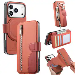 UUCOVER - For Apple iPhone 17 Pro Max Zipper Wallet Case with Magnetic Detachable RFID Card Slots Cash Holder Flip Stand Cover - Brown