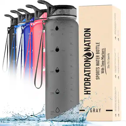 Sure, here is the corrected and grouped text:
---
**HYDRATION NATION**
**SPORTS WATER BOTTLE**
With Time Markers
**32oz (1L) Capacity**
**GRAY**
---
**BA 2 M M B.A SA 10 EAM 1 on QAM 8AM 1 9AM 10AM 11AM 12PM REFILL 2 PM 2 3 PM PM 5IPM 6 PM FINISH!**
**32oz**
**8AM 1 2PM 26**
**9AM 3PM 22**
**10AM 4PM 18**
**11AM 5PM 14**
**12PM 6PM 10**
**REFILL**
**FINISH**
---
**NATION BOTTLE**
**WATER**
**WITH TIME MARKERS**
**SPORTS**
**GRAY**
---
**32oz (1L) Capacity**
---