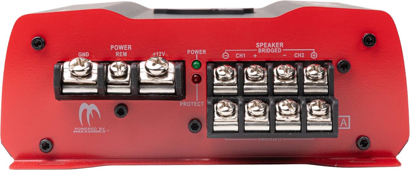 GND POWER REM +12V POWER SPEAKER BRIDGED CH1 + CH2 + PROTECT POWERED BY TM MAXXSONICS A BRIDGED
