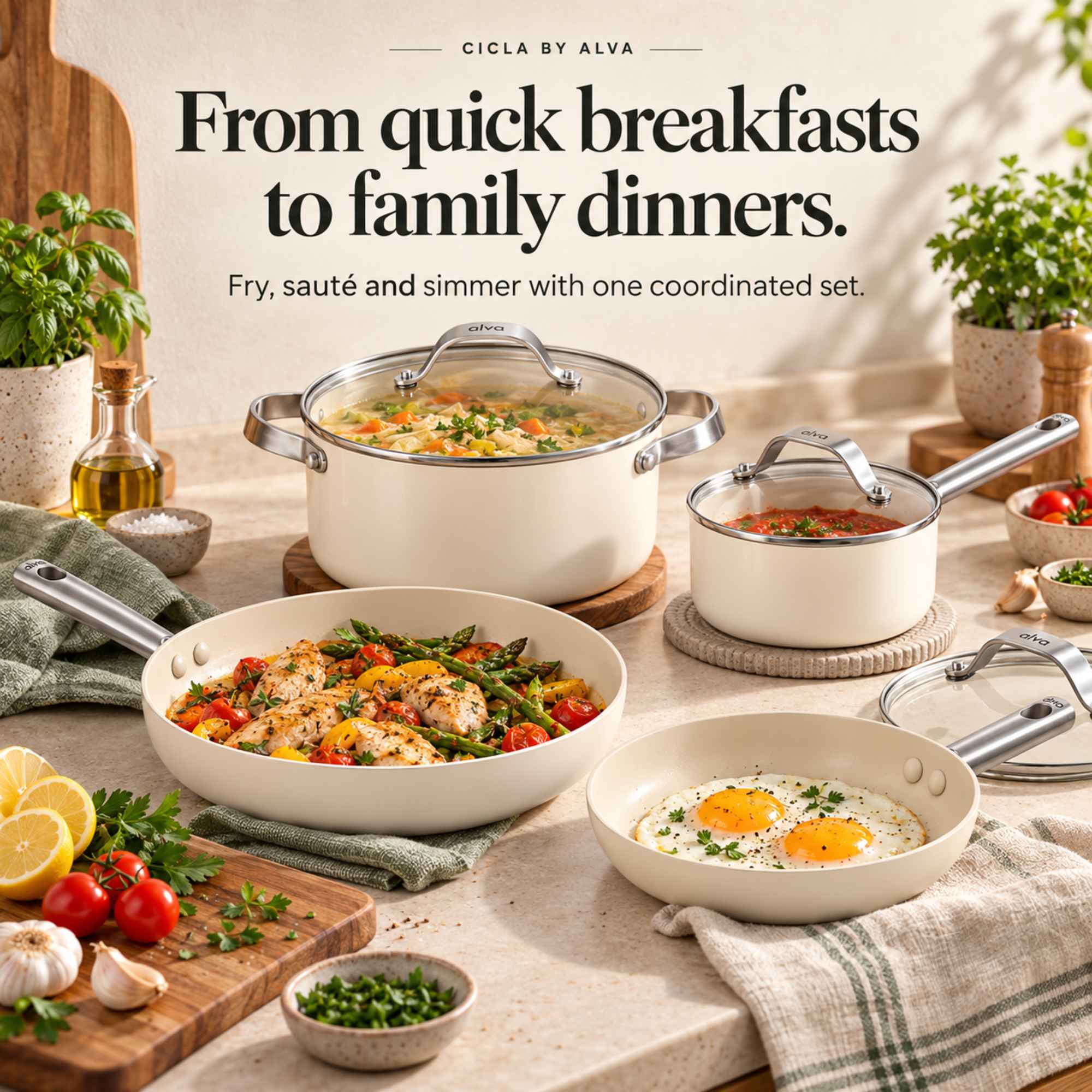 CICLA BY ALVA  
From quick breakfasts to family dinners.  
Fry, sauté and simmer with one coordinated set.