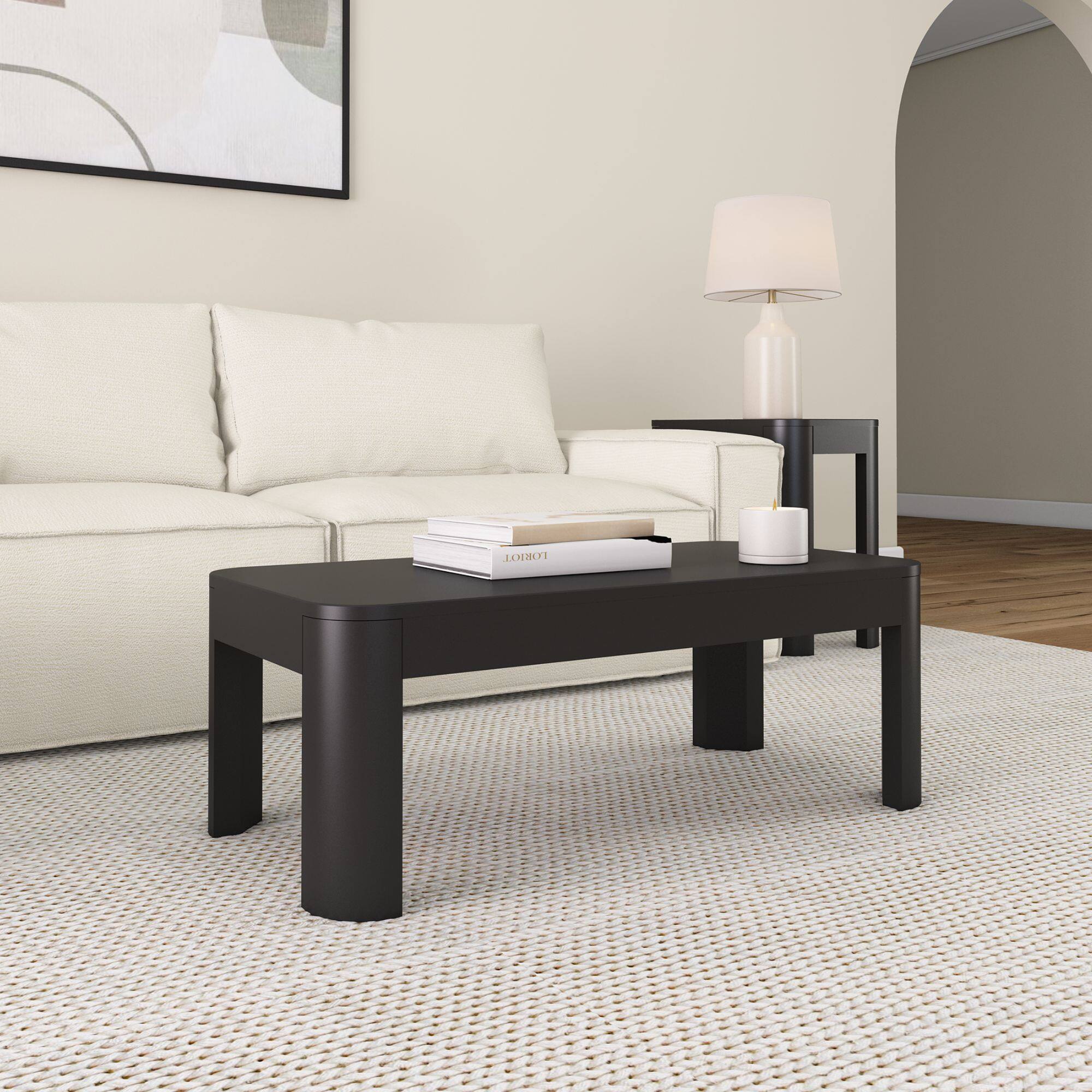Alt View 4. Plank+Beam - Modern Rounded Rectangular Coffee Table (40in x 20in / 1020mm x 510mm), Black - Black.
