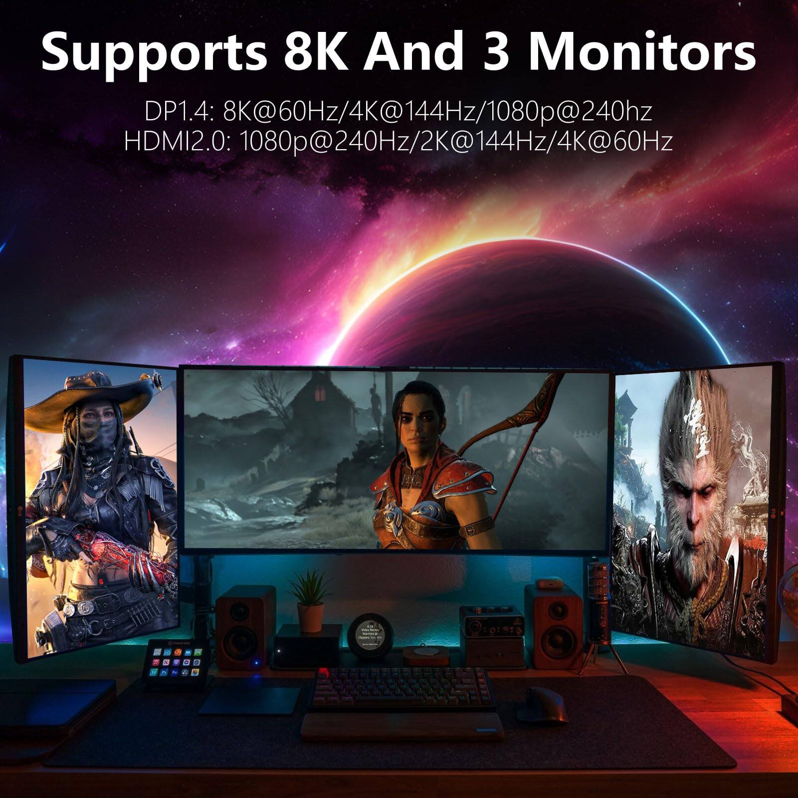 Supports 8K And 3 Monitors

DP1.4: 8K@60Hz/4K@144Hz/1080p@240Hz

HDMI2.0: 1080p@240Hz/2K@144Hz/4K@60Hz