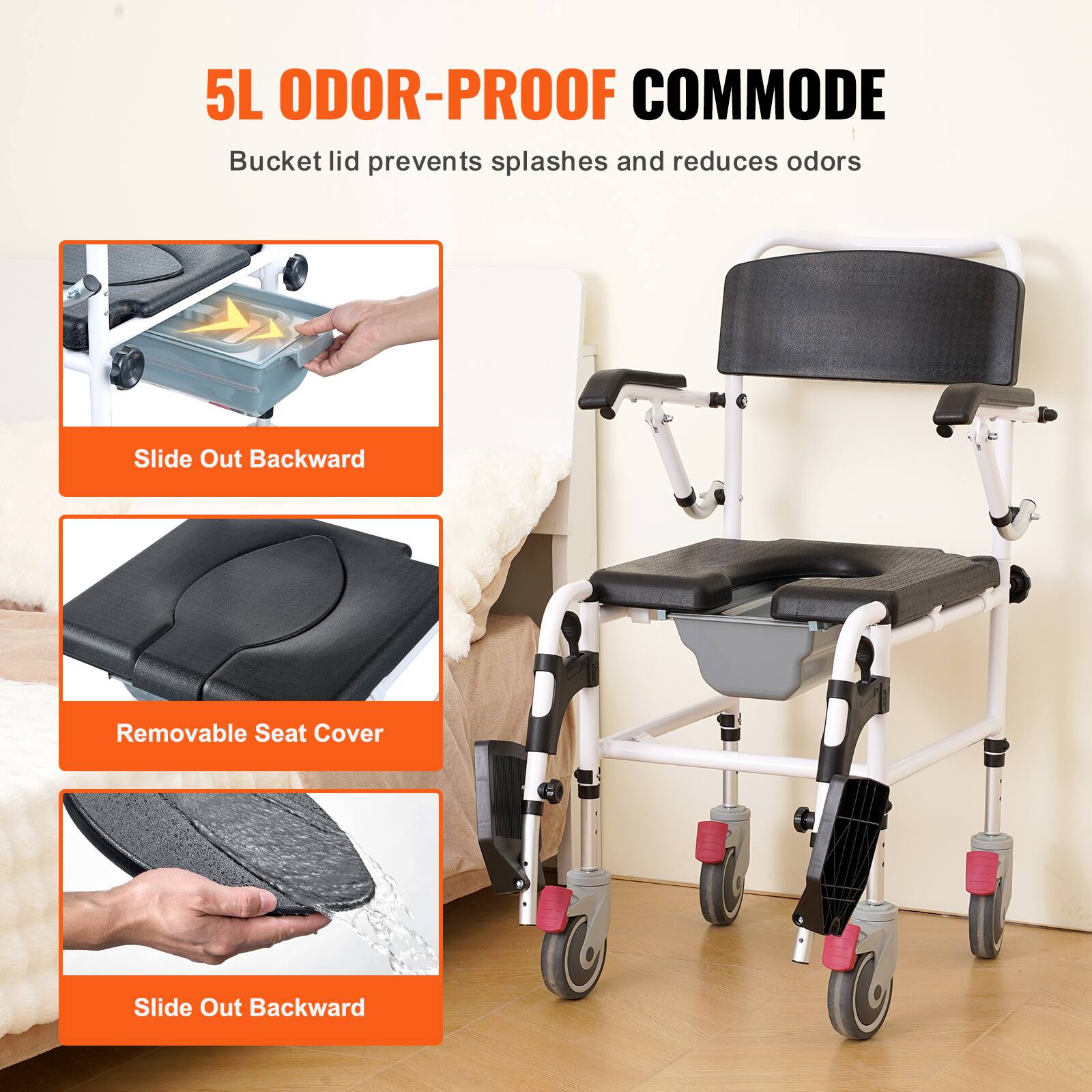 5L ODOR-PROOF COMMODE, Bucket lid prevents splashes and reduces odors, Slide Out Backward, Removable Seat Cover, Slide Out Backward