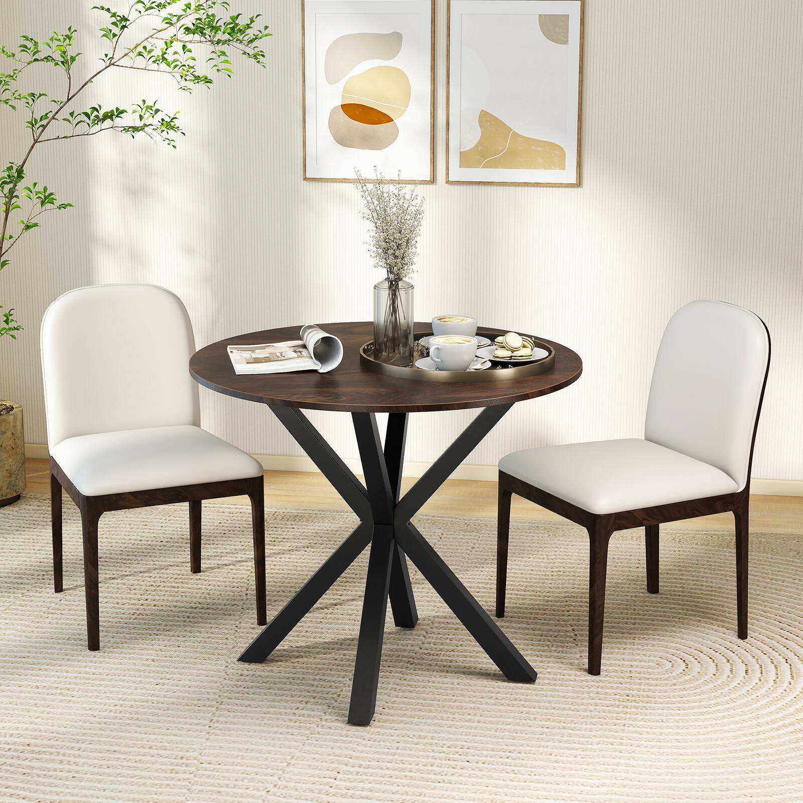 Alt View 3. Gymax - Gymax 36'' Round Farmhouse Dining Table for 4 w/Stable Intersecting Pedestal Base Brown - Brown.