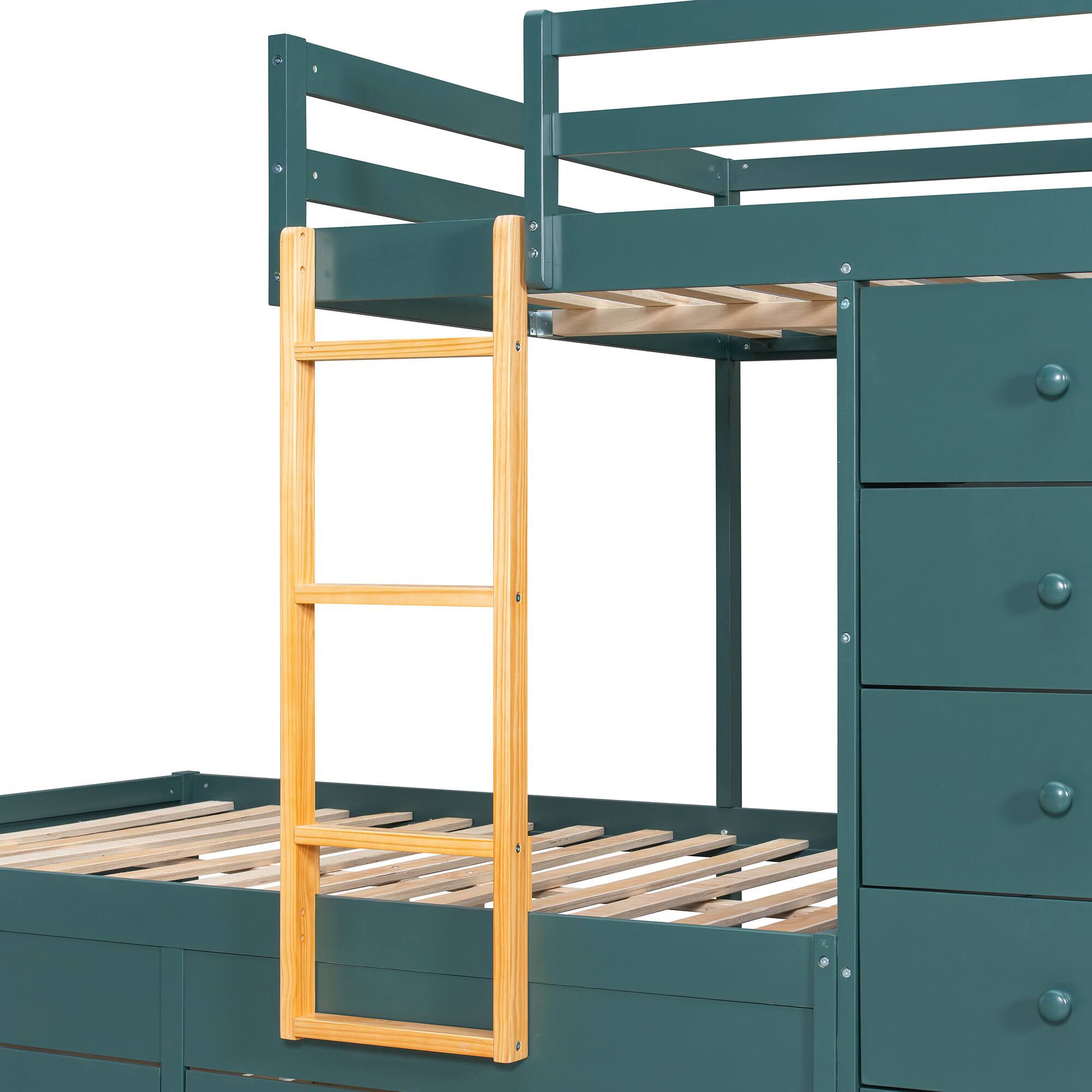 Alt View 2. Anysun - Full Size Bunk Bed with Multiple Drawers & Wardrobe - MDF & Solid Wood Construction, Modern Storage Design - Green.