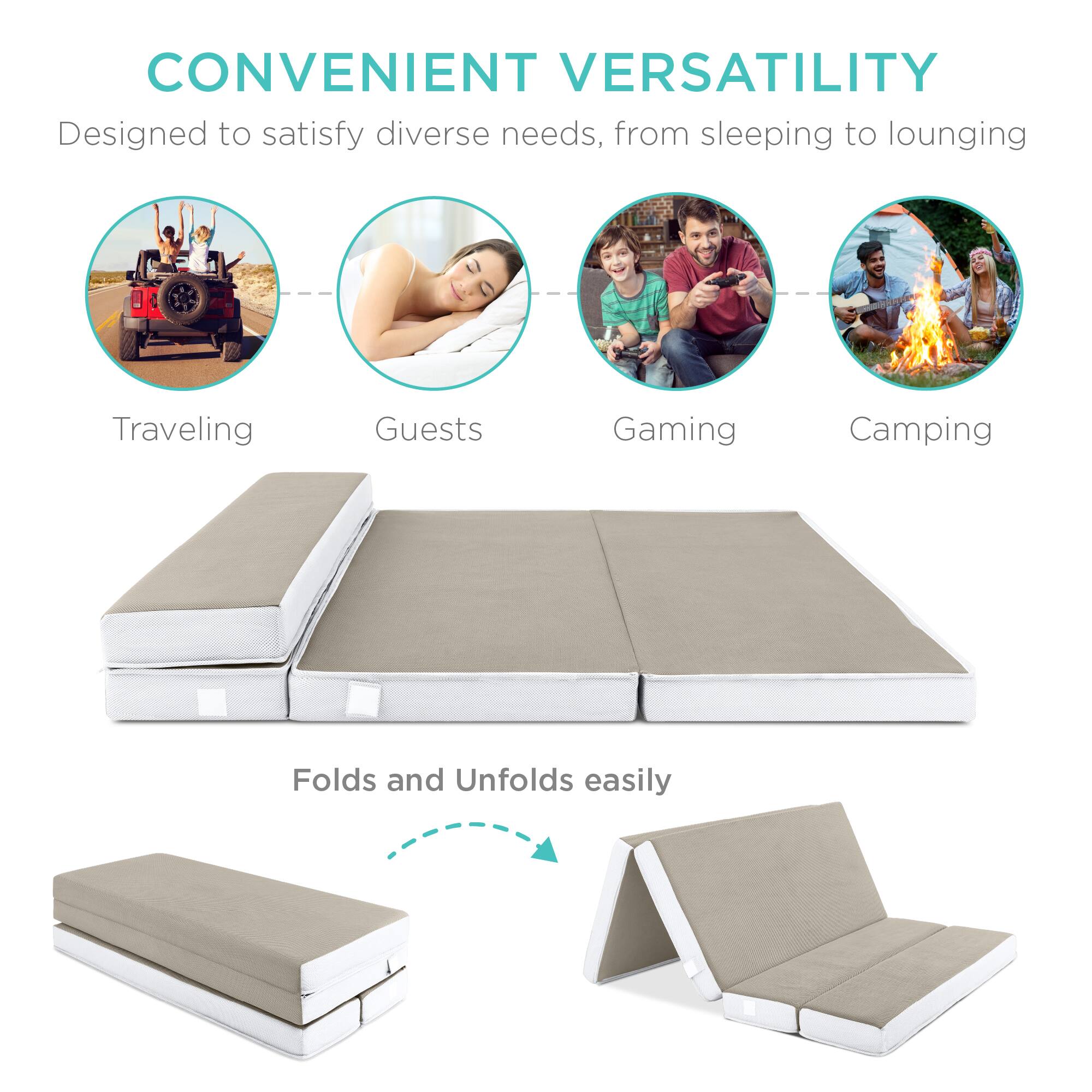 CONVENIENT VERSATILITY  
Designed to satisfy diverse needs, from sleeping to lounging  

Traveling  
Guests  
Gaming  
Camping  

Folds and Unfolds easily