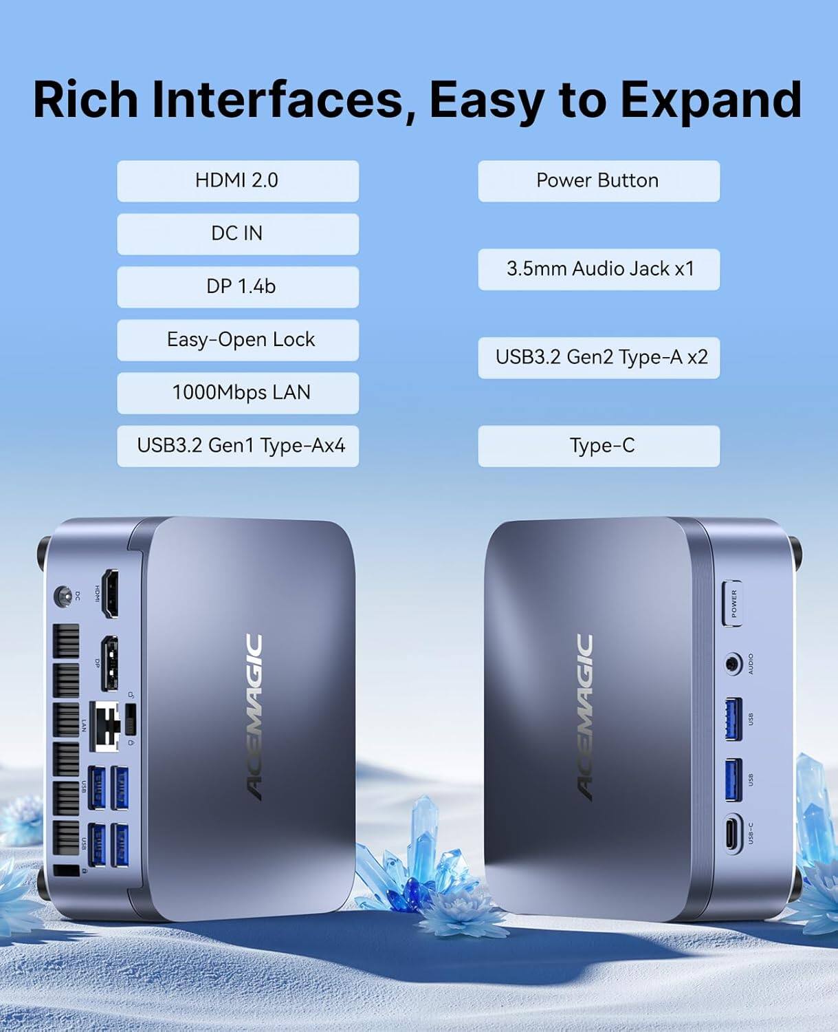 Rich Interfaces, Easy to Expand

- HDMI 2.0
- DC IN
- DP 1.4b
- Easy-Open Lock
- 1000Mbps LAN
- USB3.2 Gen1 Type-A x4
- USB3.2 Gen2 Type-A x2
- Type-C

- Power Button
- 3.5mm Audio Jack x1