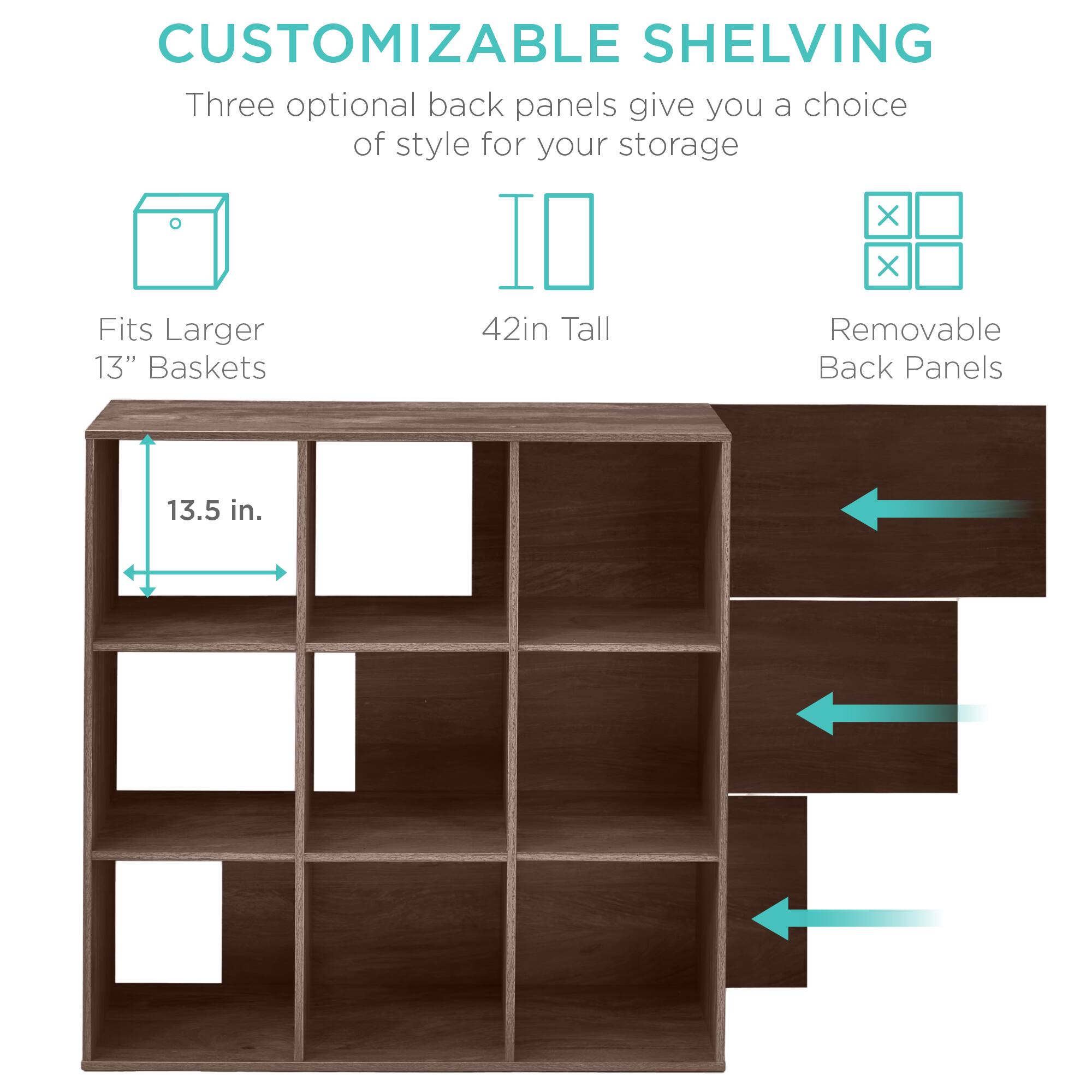 CUSTOMIZABLE SHELVING

Three optional back panels give you a choice of style for your storage.

- Fits Larger 13" Baskets
- 42in Tall
- Removable Back Panels

13.5 in.