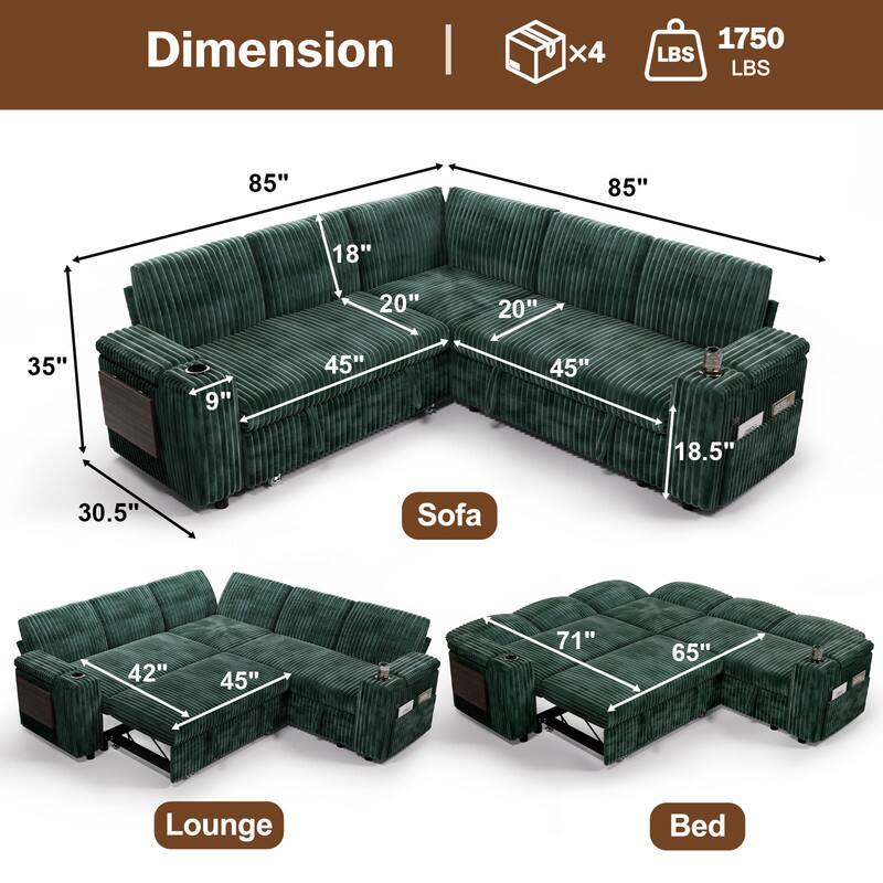 Dimension  
Sofa: 85" x 45" x 35" x 18" x 20" x 18.5"  
Lounge: 42" x 45" x 30.5"  
Bed: 71" x 65"  
Weight: 1750 LBS  
Boxes: x4