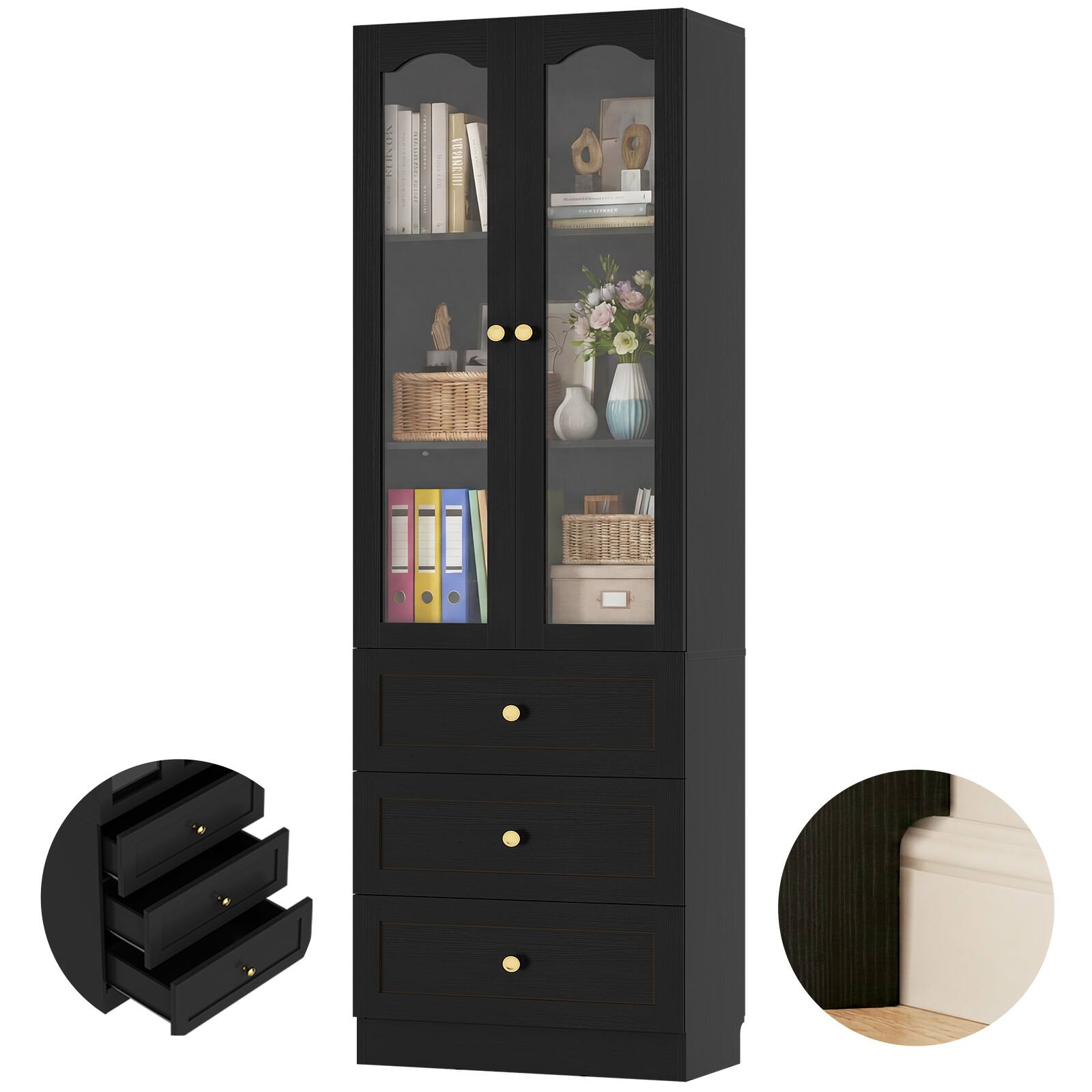 Angle. Aheaplus - 80'' Tall Bookcase with 3 Drawers, Glass Doors, and 3-Tier Shelves - Black.