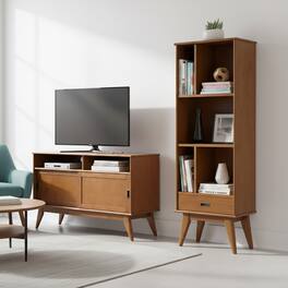 Simpli Home - Draper 64 inch Tall Solid Wood Bookcase and Storage Unit - Tawny Brown Teak