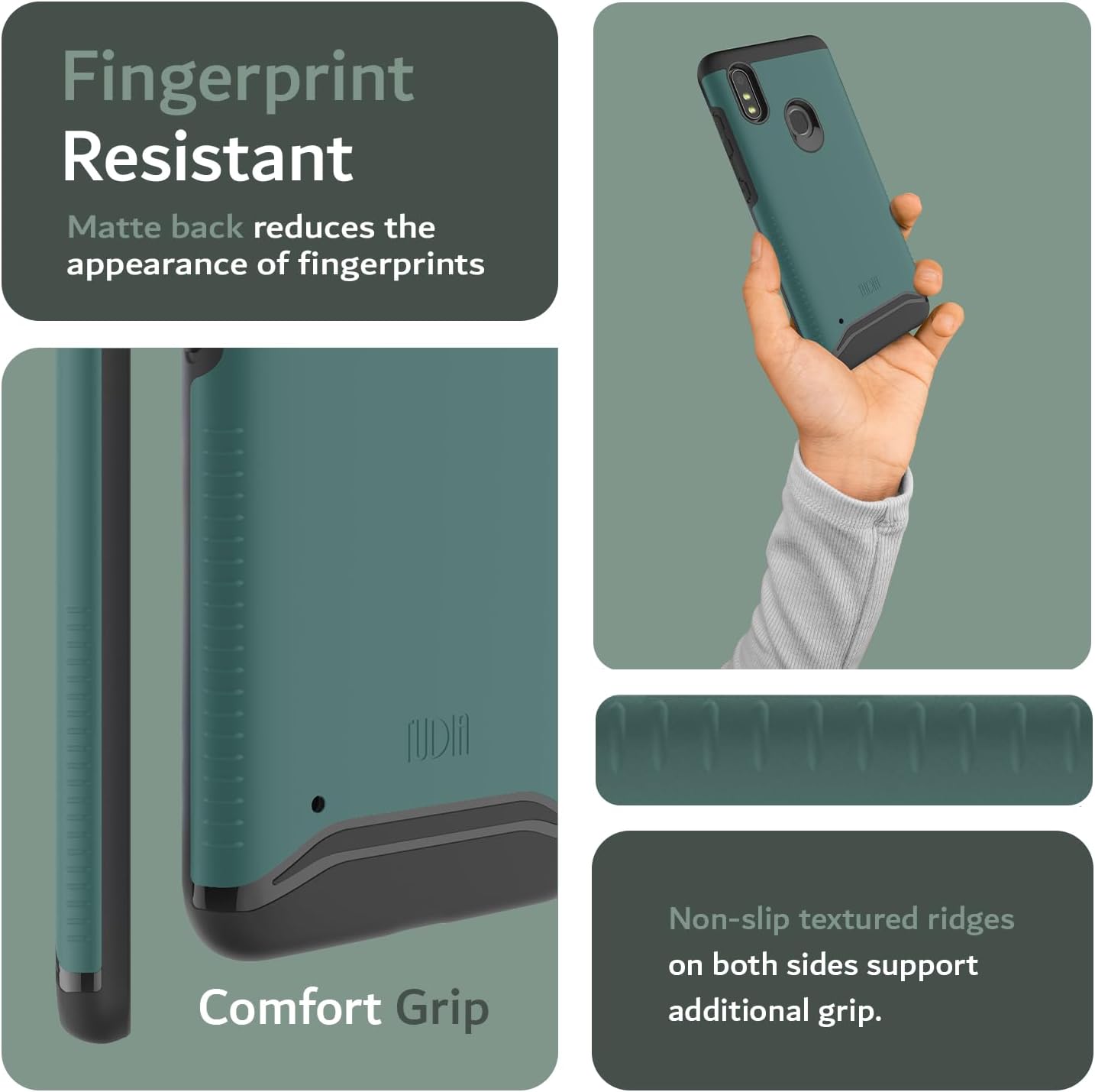Fingerprint Resistant Matte back reduces the appearance of fingerprints. UDIA Comfort Grip Non-slip textured ridges on both sides support additional grip.