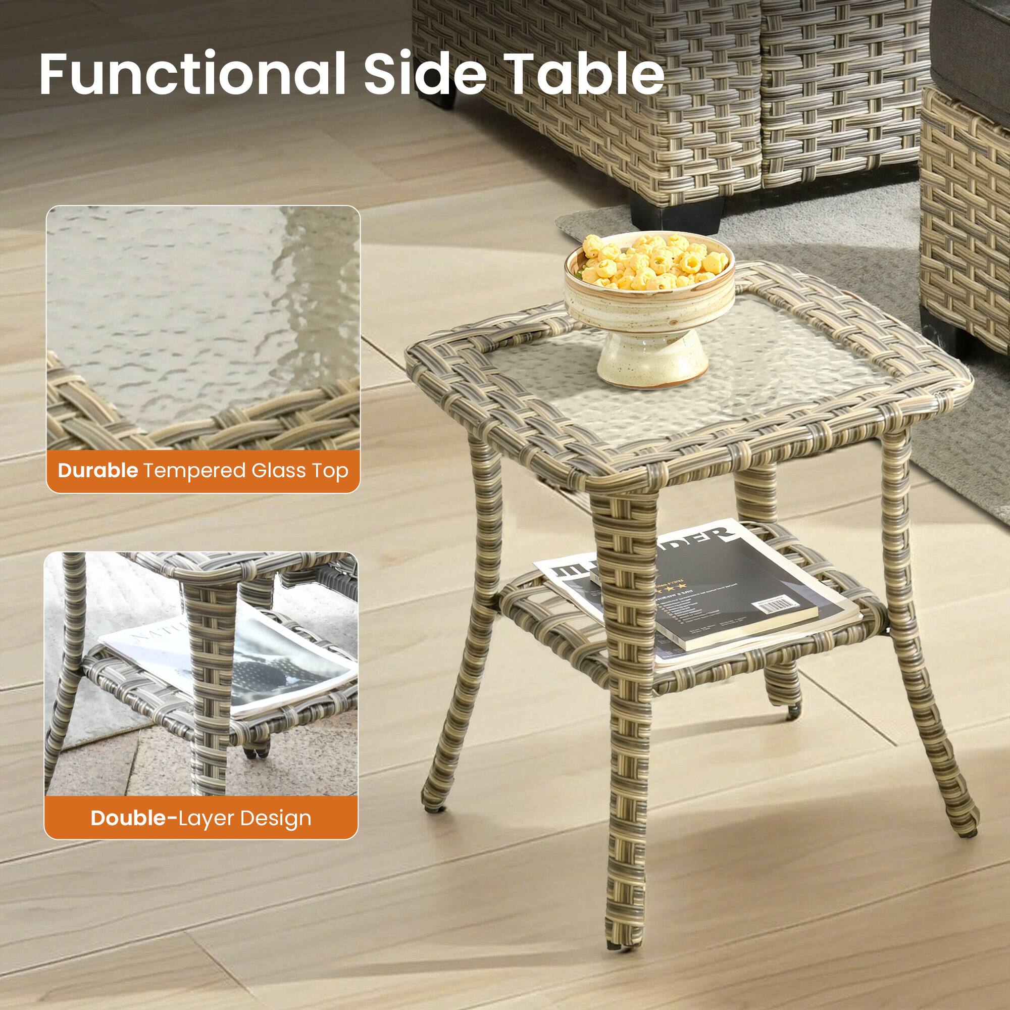 Functional Side Table  
Durable Tempered Glass Top  
Double-Layer Design