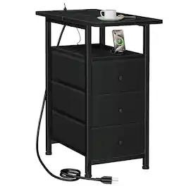 PO3TICJUNKI3 - End Tables Living Room With Charging Station Narrow Side Table Usb Ports And Outlets Slim Nightstand 3 Fabr - Black