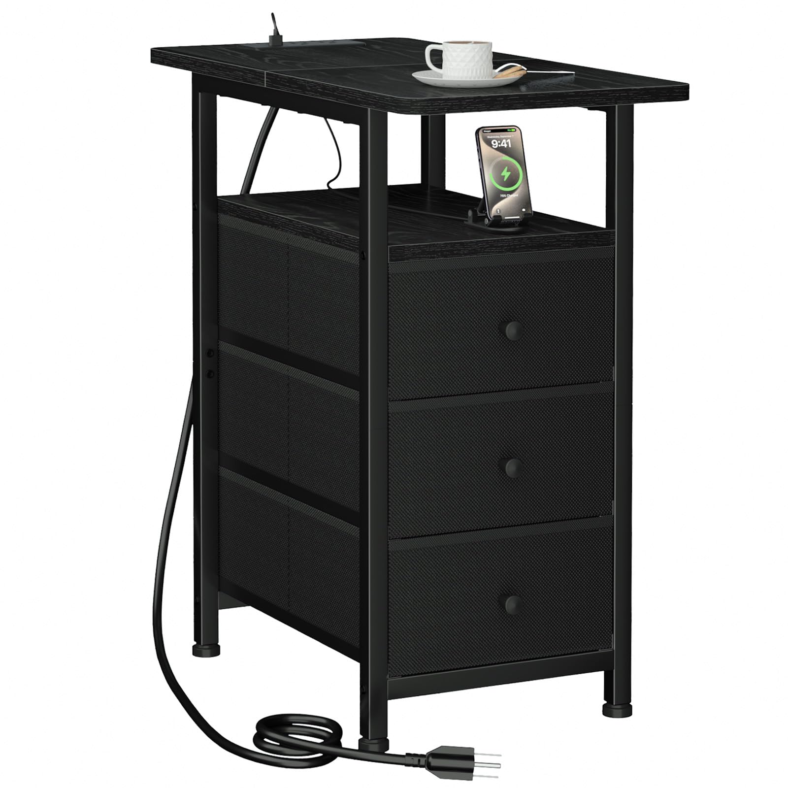 Front. PO3TICJUNKI3 - End Tables Living Room With Charging Station Narrow Side Table Usb Ports And Outlets Slim Nightstand 3 Fabr... - Black.