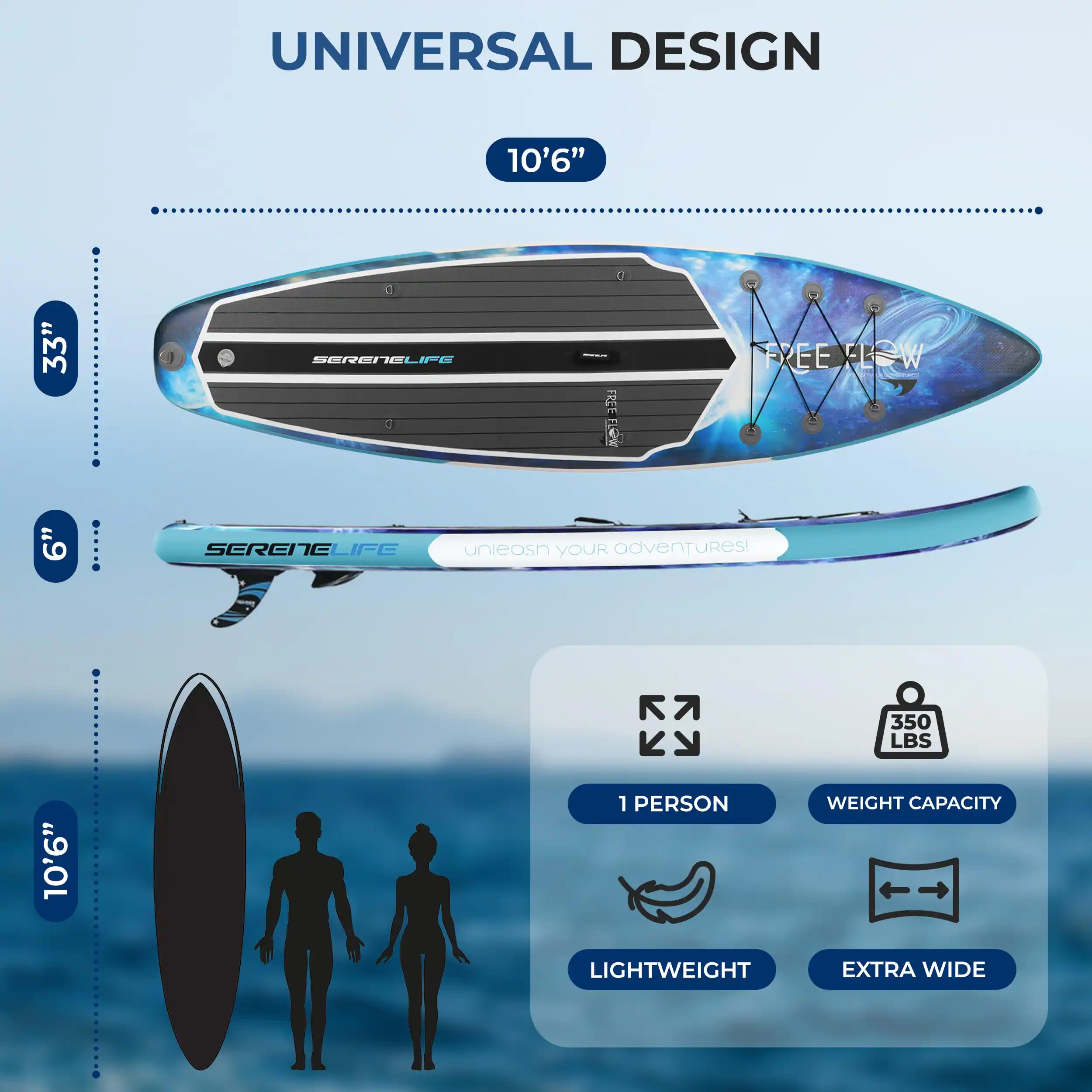 UNIVERSAL DESIGN

10'6"

33"

6"

10'6"

SERENELIFE

FREE FLOW

UNLEASH YOUR ADVENTURES!

350 LBS

1 PERSON WEIGHT CAPACITY

LIGHTWEIGHT

EXTRA WIDE