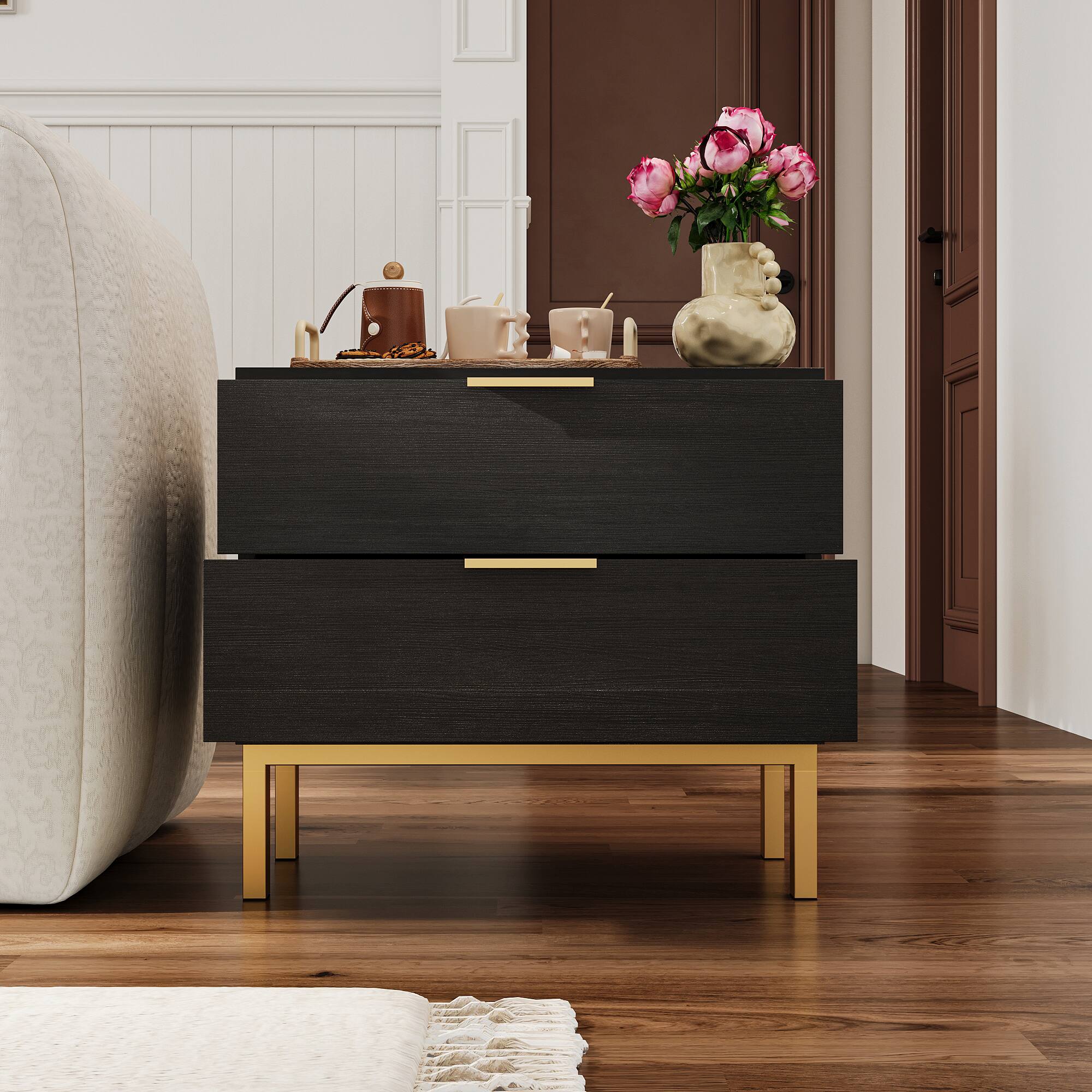 Angle. FUFU & GAGA - FUFU&GAGA 2 - Drawer Nightstand with Gold Accents: Stylish Bedside Storage - Black.