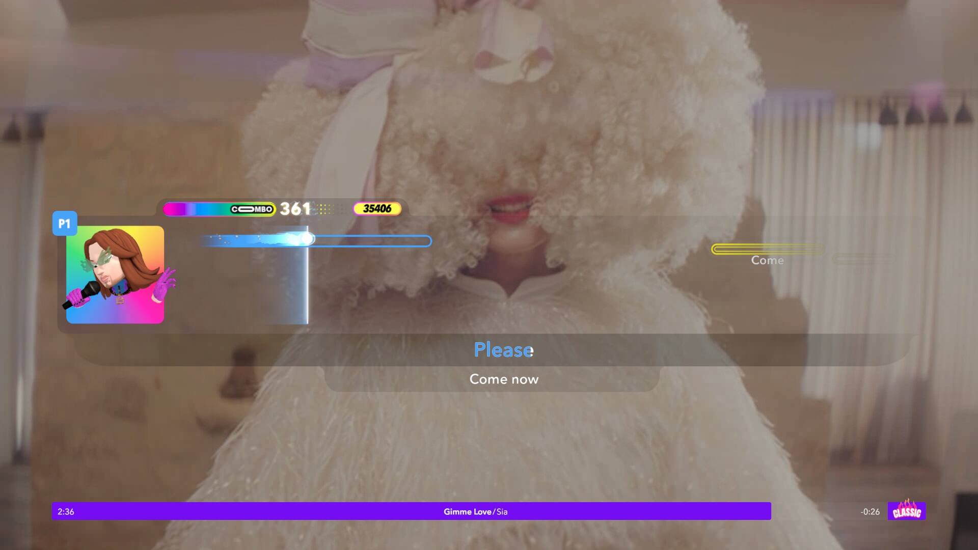 The text on the image is grouped as follows:

1. P1 MBO 361 35406
2. Come Please Come now
3. 2:36
4. Gimme Love/ Sia -0:26
5. CLASSIC