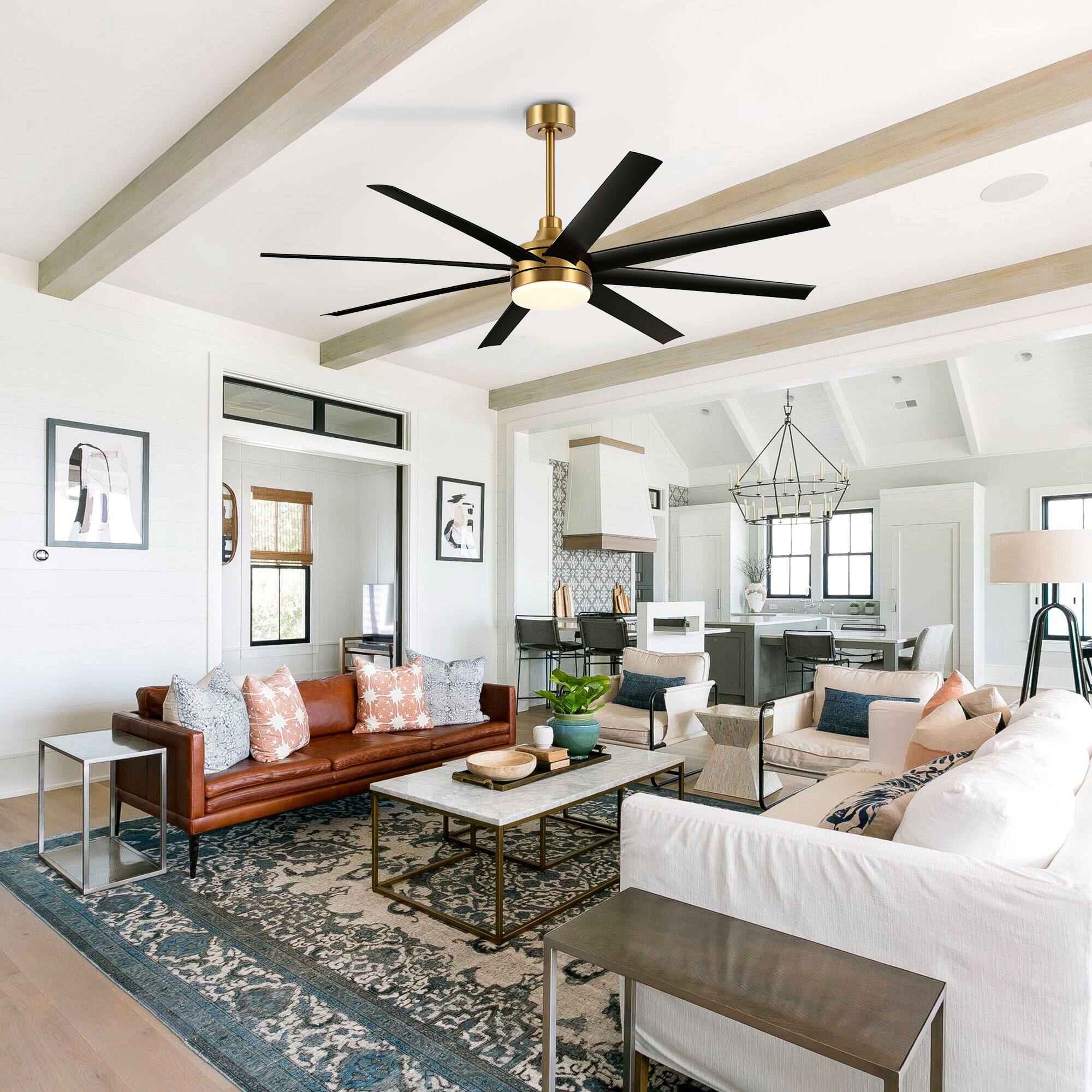 Alt View 2. Breezary - 65-Inch Ceiling Fan with 8 ABS Blades, 6-Speed DC Motor, Remote Control with Timer, 2 Downrods, Light/No-Light Options - Gold and Black (With Light).