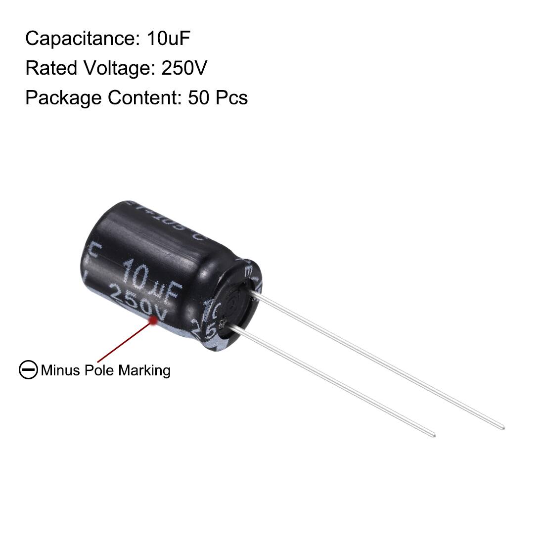 Capacitance: 10uF  
Rated Voltage: 250V  
Package Content: 50 Pcs  

Minus Pole Marking