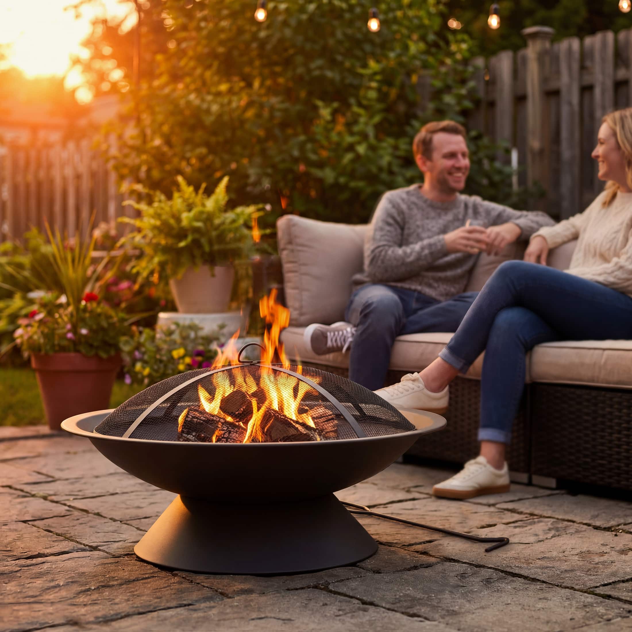 SUNJOY - 28 in. Wood Burning Outdoor Fire Pit with Mesh Screen, Fire Poker Black Steel Fire Bowl for Patio