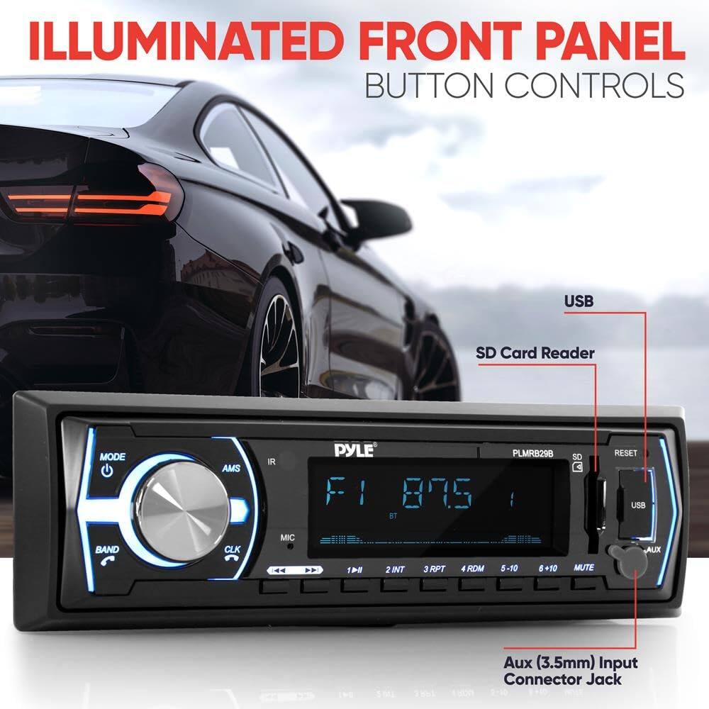 ILLUMINATED FRONT PANEL BUTTON CONTROLS

USB SD Card Reader MODE AMS IR PYLE F1 1 895 BT PLMRB298 SO RESET USB BAND CLK MIC AUX 144 T> 2INT 3 RPT ROM 5-10 6+10 e MUTE CEE SMAL 5 Aux (3.5mm) Input Connector Jack 1500 2-10