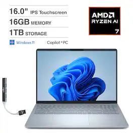 Dell - 16 Plus DB16255 Laptop 16.0 WUXGA (AMD Ryzen AI 7 350, 16GB LPDDR5X, 1TB SSD, Win 11 Home) w/USB Hub - Ice Blue