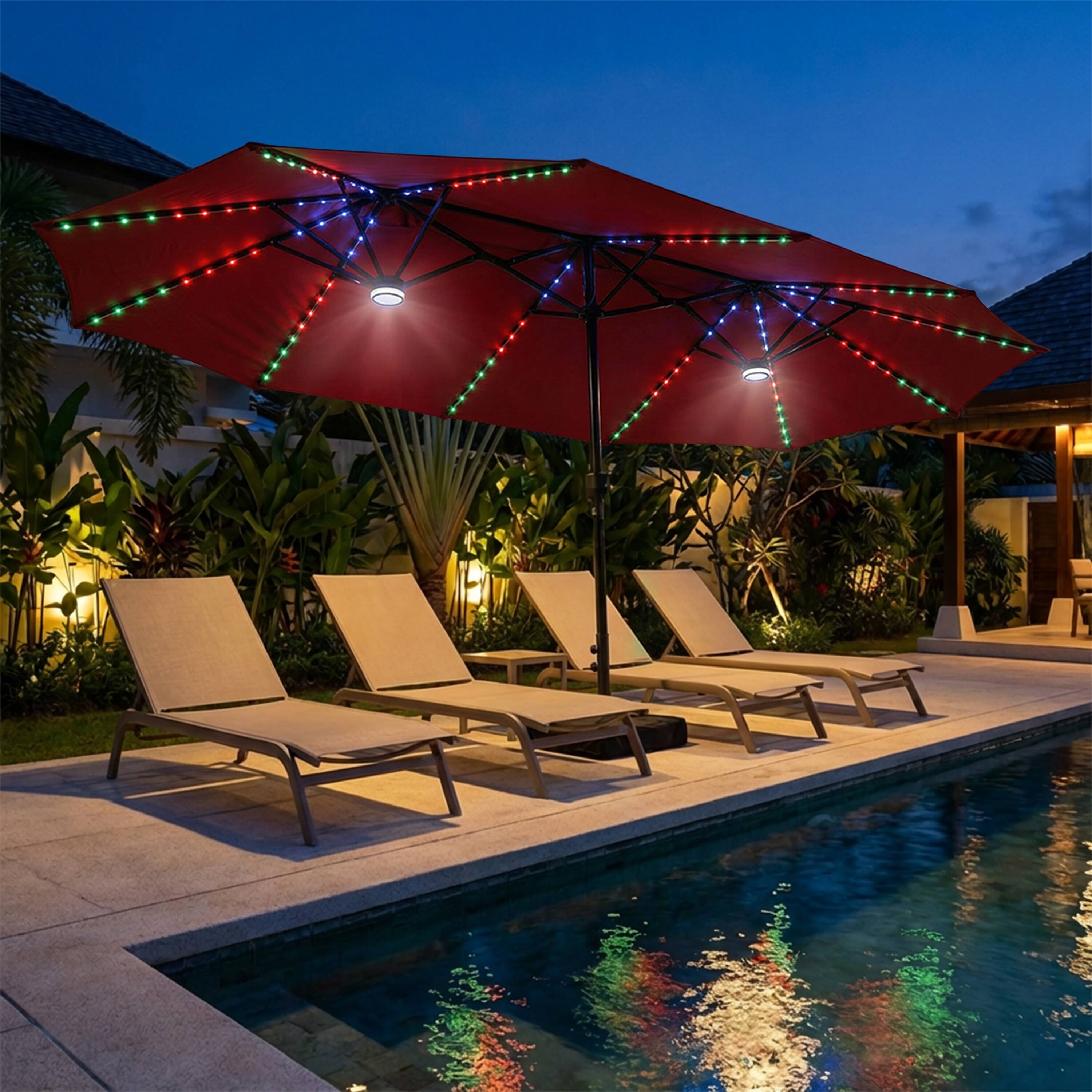 Back. Mondawe - 15ft Double-Sided Solar RGB LED Patio Umbrella with Base, Dual Charging - Red.