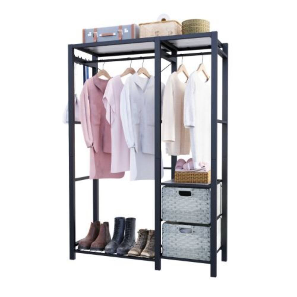 Alt View 3. LUCKY ONE - Acacia Wood Garment Rack w/ 2 Wicker Drawers 4 Hooks Heavy Duty - Light Gray.