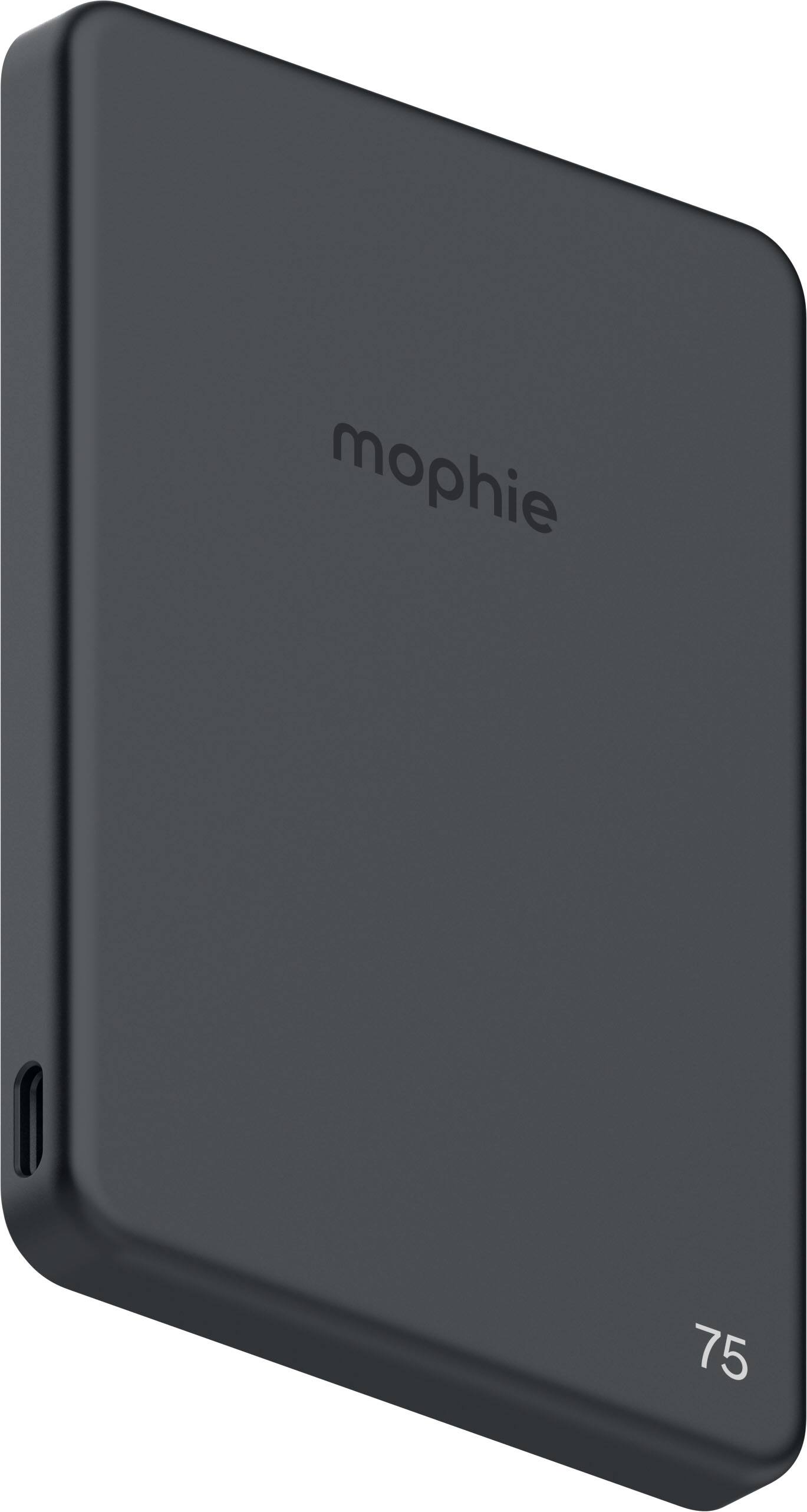 Angle. mophie - Power Boost Wireless Slim 15W Magnetic Charger, Qi2 magnetic power bank containing 5K internal battery - Black.