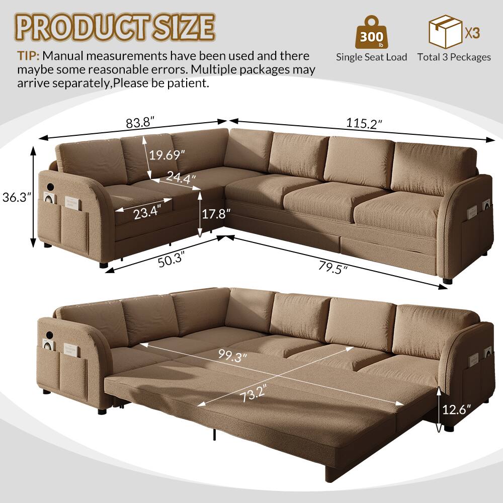 PRODUCT SIZE TIP: Manual measurements have been used and there may be some reasonable errors. Multiple packages may arrive separately, please be patient. 300 lb Single Seat Load Total 3 Packages 83.8" 115.2" 36.3" 19.69" 24.4" 23.4" 17.8" 50.3" 79.5" 99.3" 73.2" 12.6"