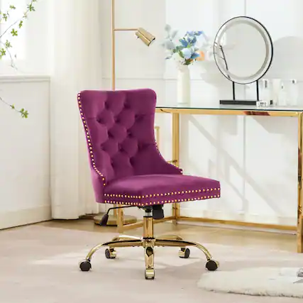 Front. Trinkets Crazed - Home Office Chair with Wheels & Silver Base, Velvet Fabric Makeup Vanity Chair with Tufted Back, Swivel Desk Chair - Purple.