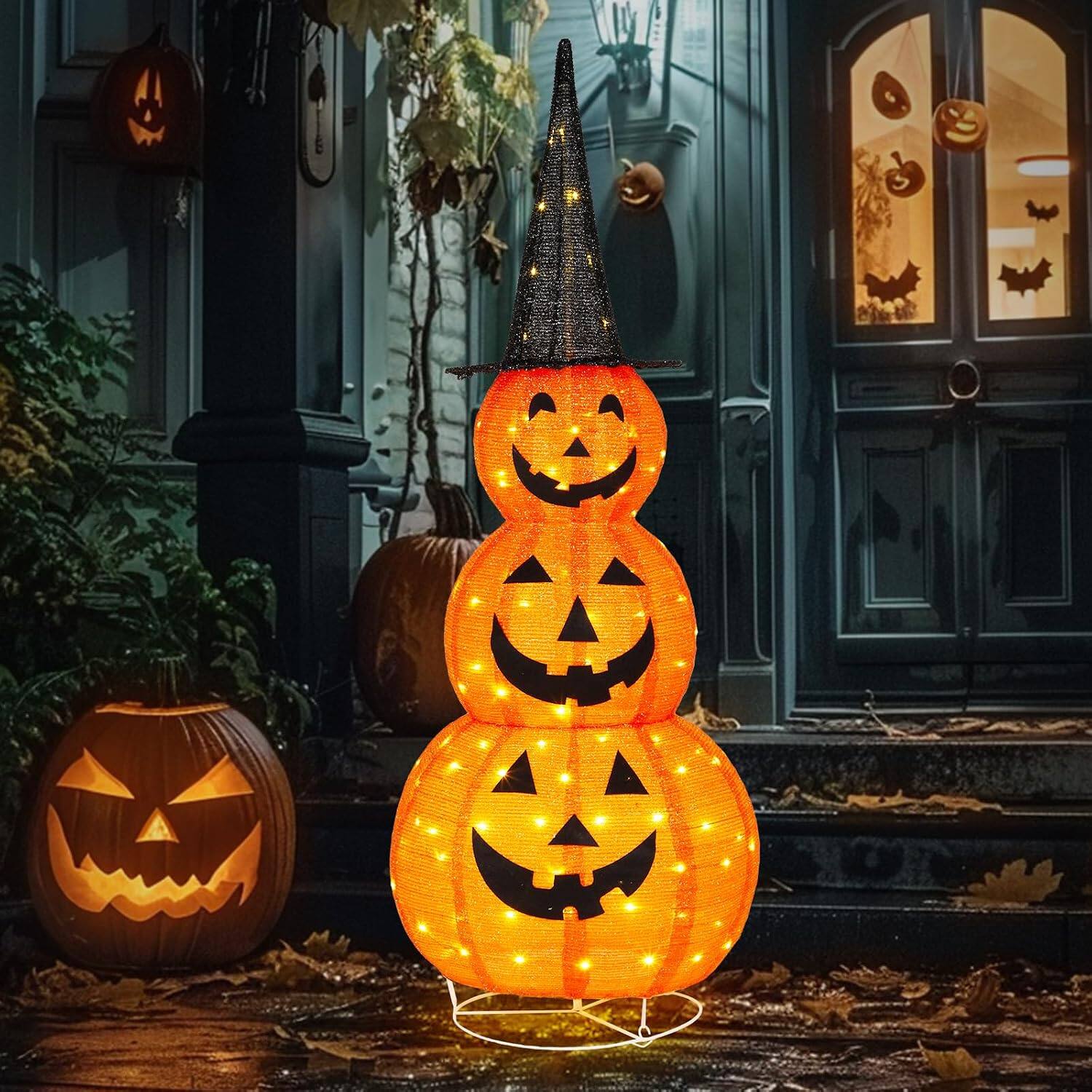 Alt View 6. Winado - Halloween 5FT Light Up Stacked Pumpkins with Hat, Lights Decoration for Holiday Indoor Outdoor Garden Porch Lawn Patio - Orange & Black.