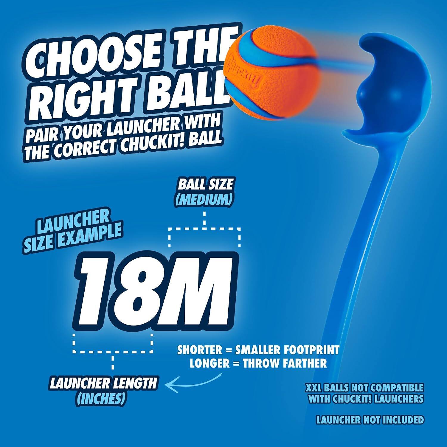 CHOOSE THE RIGHT BALL  
PAIR YOUR LAUNCHER WITH THE CORRECT CHUCKIT! BALL  

BALL SIZE (MEDIUM)  
LAUNCHER SIZE EXAMPLE  
18M  
LAUNCHER LENGTH (INCHES)  

SHORTER = SMALLER FOOTPRINT  
LONGER = THROW FARTHER  

XXL BALLS NOT COMPATIBLE WITH CHUCKIT! LAUNCHERS  
LAUNCHER NOT INCLUDED