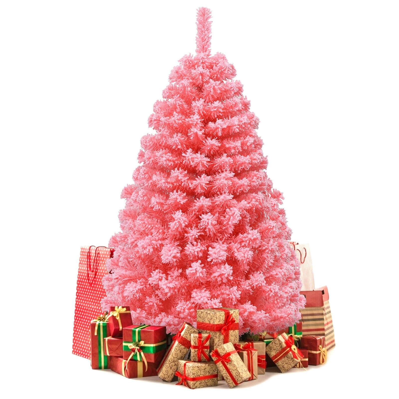 Ecooso - 4.5ft Artificial Christmas Tree with Snow Flocked PVC Tips and Metal Stand - Pink
