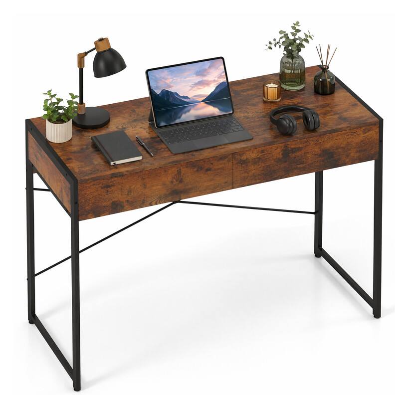 Left. WELLFOR - 44" Industrial Computer Desk with 2-Drawer, Study Writing Desk with Steel Frame for Home Office - Brown.