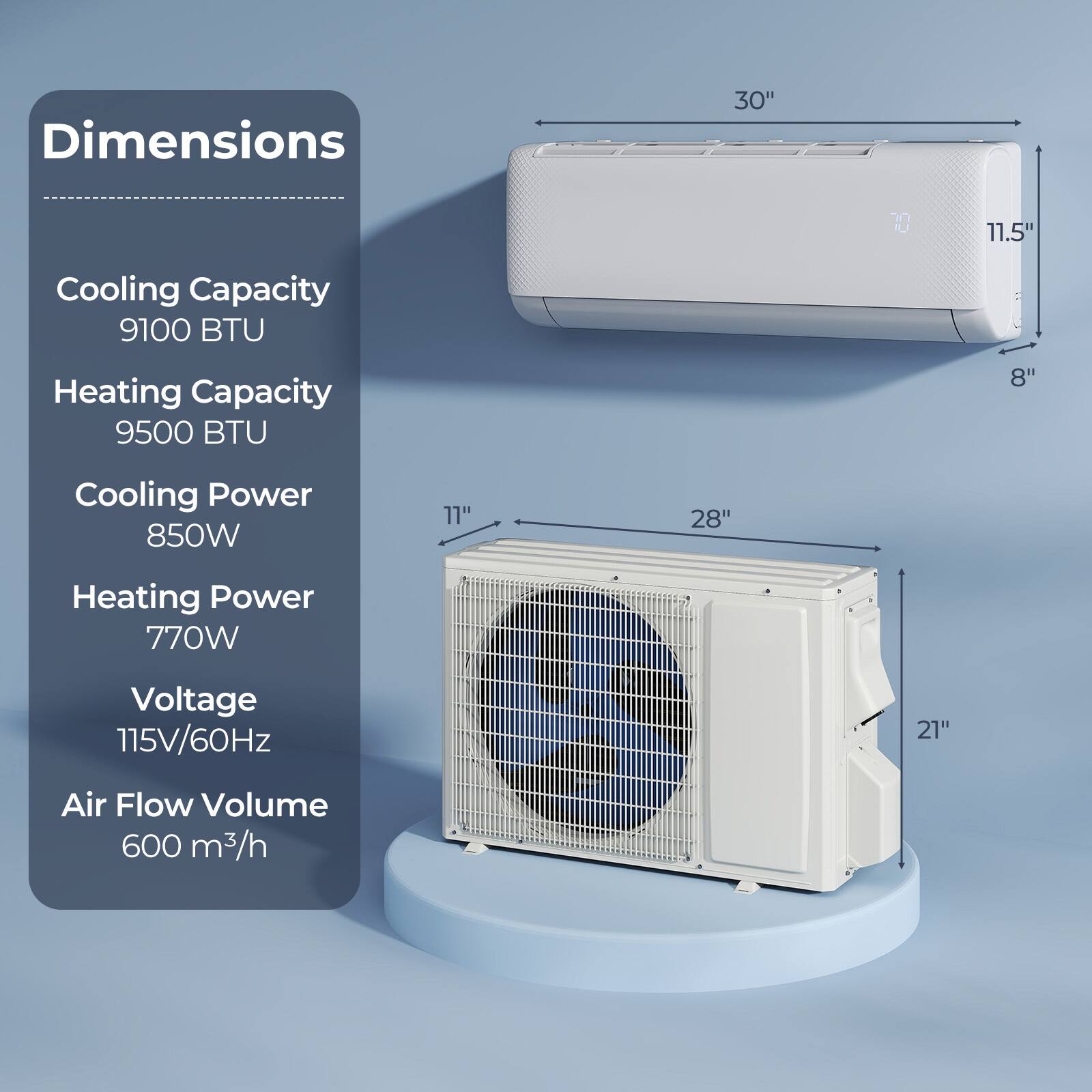 Dimensions: 30" x 11.5" x 8"  
Cooling Capacity: 9100 BTU  
Heating Capacity: 9500 BTU  
Cooling Power: 850W  
Heating Power: 770W  
Voltage: 115V/60Hz  
Air Flow Volume: 600 m³/h