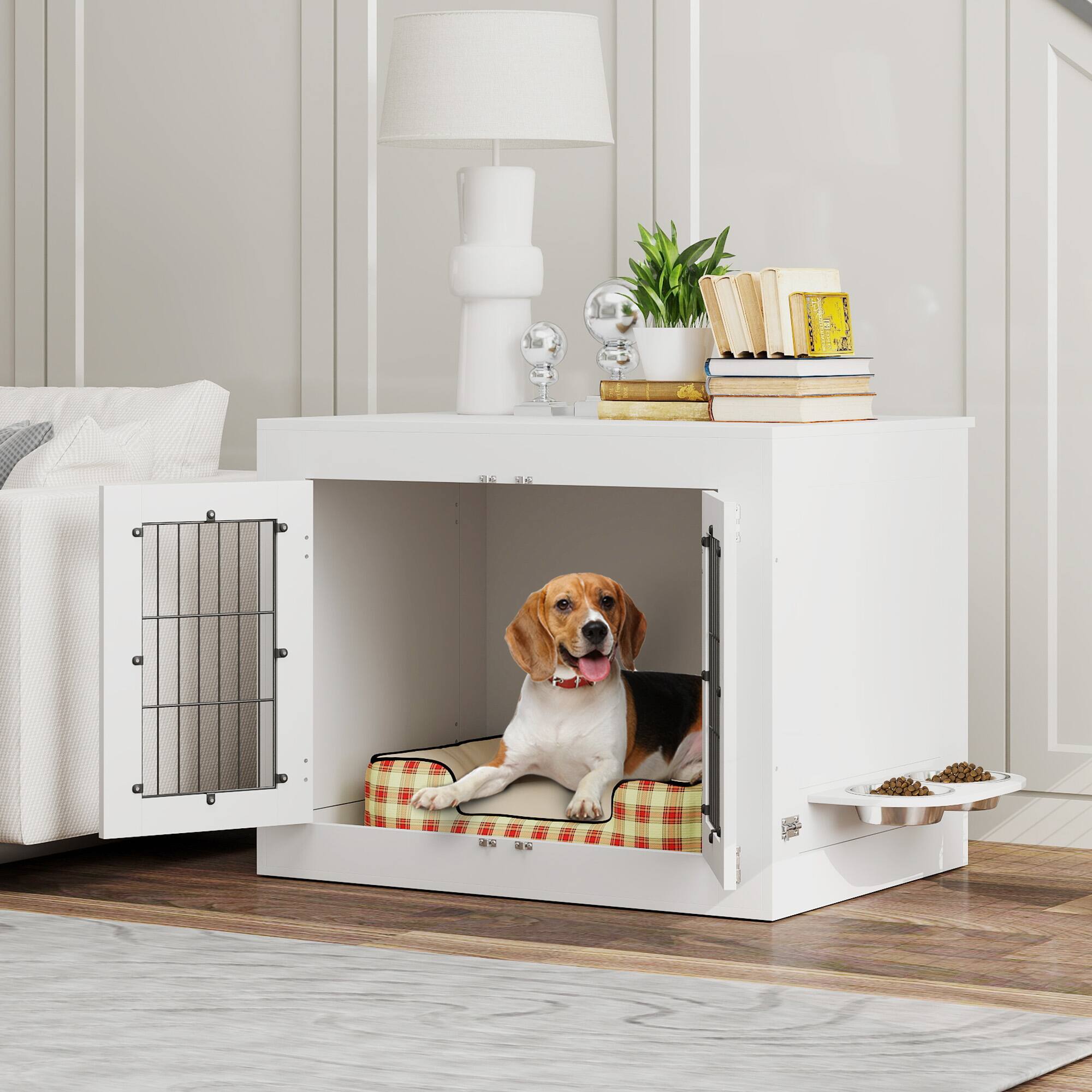 Angle. Pawhut - Dog Crate Furniture, 360° Rotatable Removable Bowls, Two Doors, Non-slip Pads, End Side Table, 31.5"x24"x25".