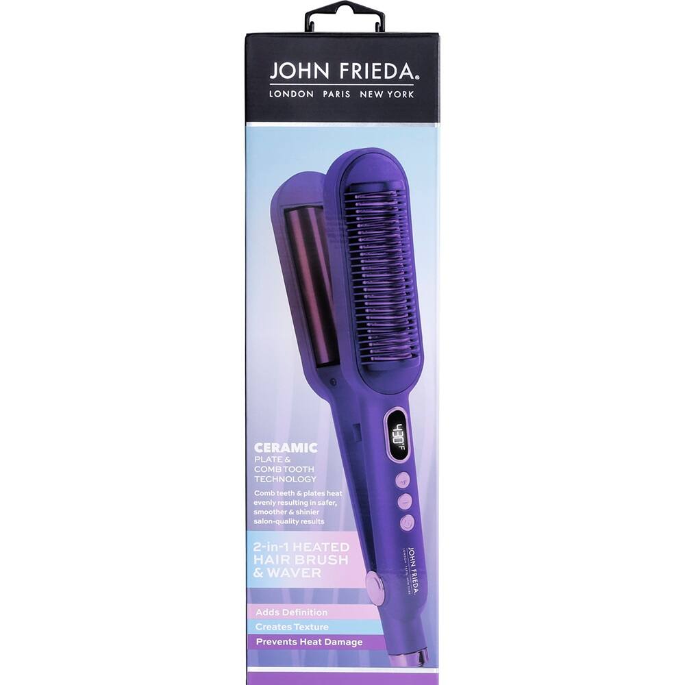 JOHN FRIEDA.  
LONDON PARIS NEW YORK  

CERAMIC PLATE & COMB TOOTH TECHNOLOGY  
Comb teeth & plates heat evenly resulting in safer, smoother & shinier salon-quality results  

DEh 2-in-1 HEATED HAIR BRUSH & WAVER  
Adds Definition  
Creates Texture  
Prevents Heat Damage