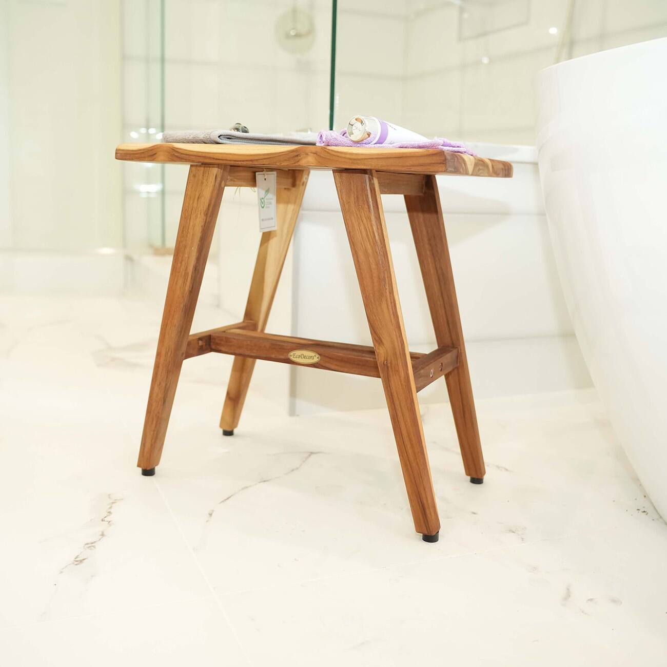 Back. EcoDecors - EcoDecors® Mid-Century Modern 18" Teak Wood Shower Bench in Natural Finish - EarthyTeak.