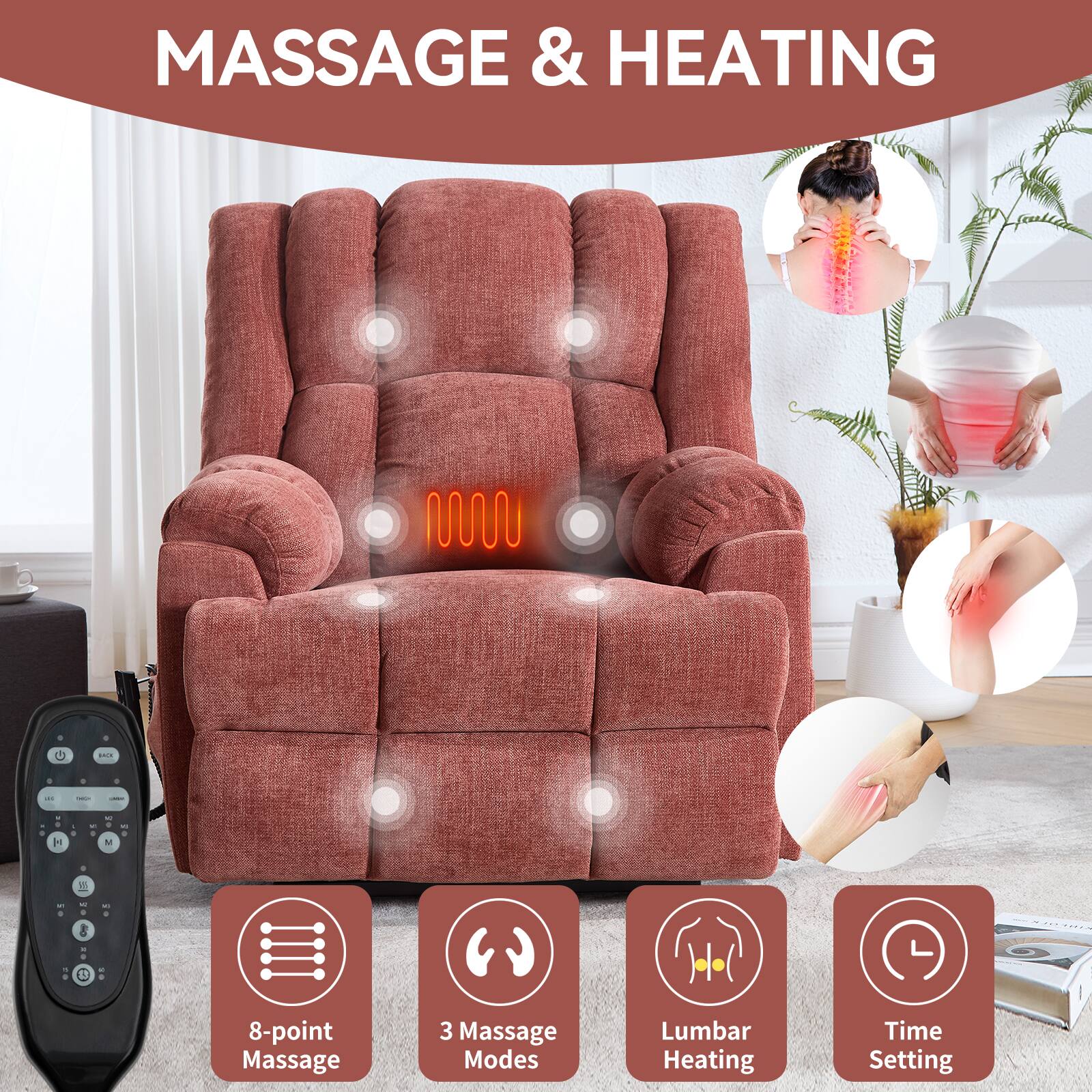 MASSAGE & HEATING

- 8-point Massage
- 3 Massage Modes
- Lumbar Heating
- Time Setting