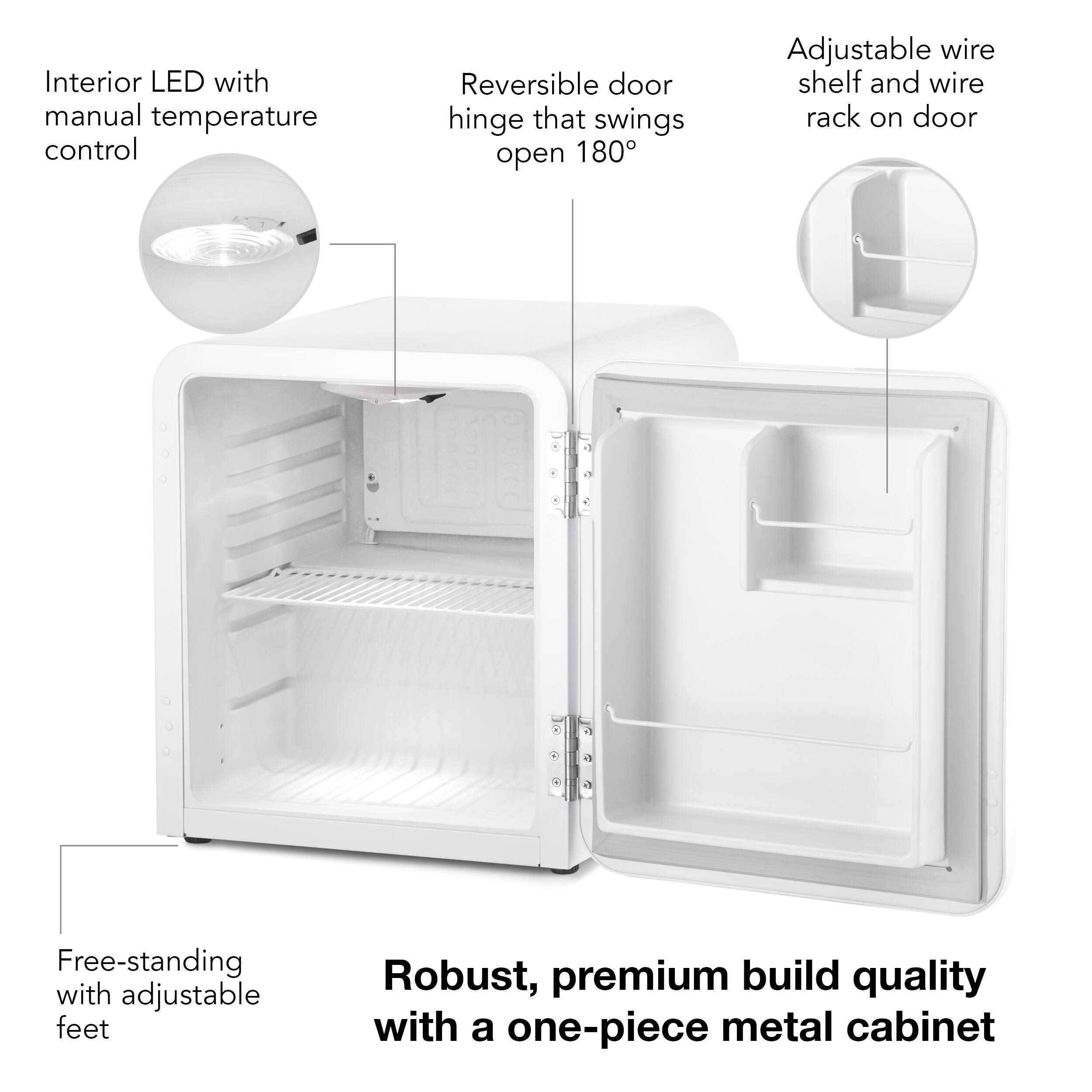 The text on the image describes a refrigerator with a reversible door hinge, an interior LED with manual temperature control, adjustable wire shelves and racks on the door, and a free-standing design with adjustable feet. The refrigerator is made of robust, premium build quality and features a one-piece metal cabinet.